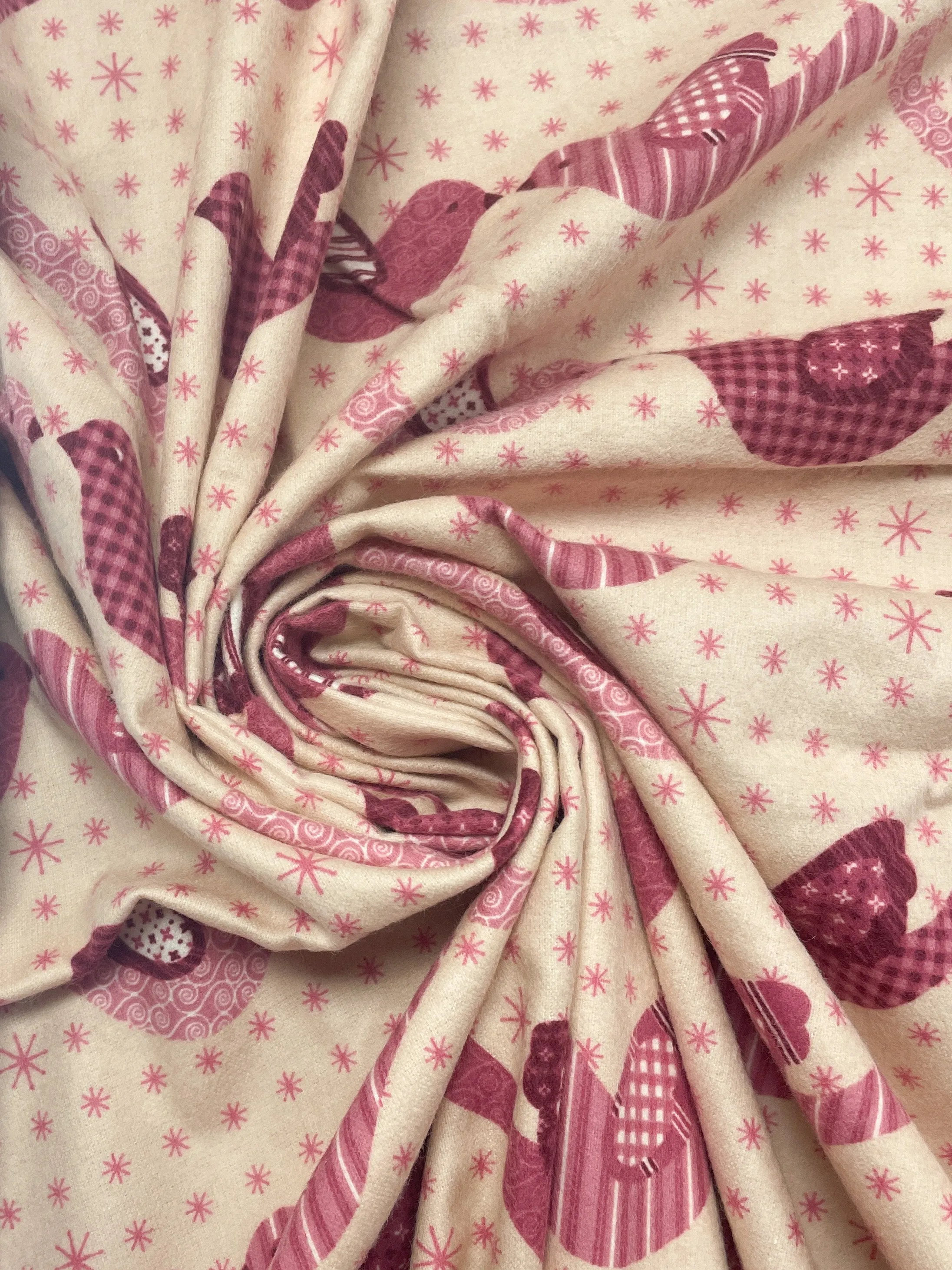 4 1/4  YD Cotton Flannel Vintage - Mauve Patchwork Print Birds on Peach