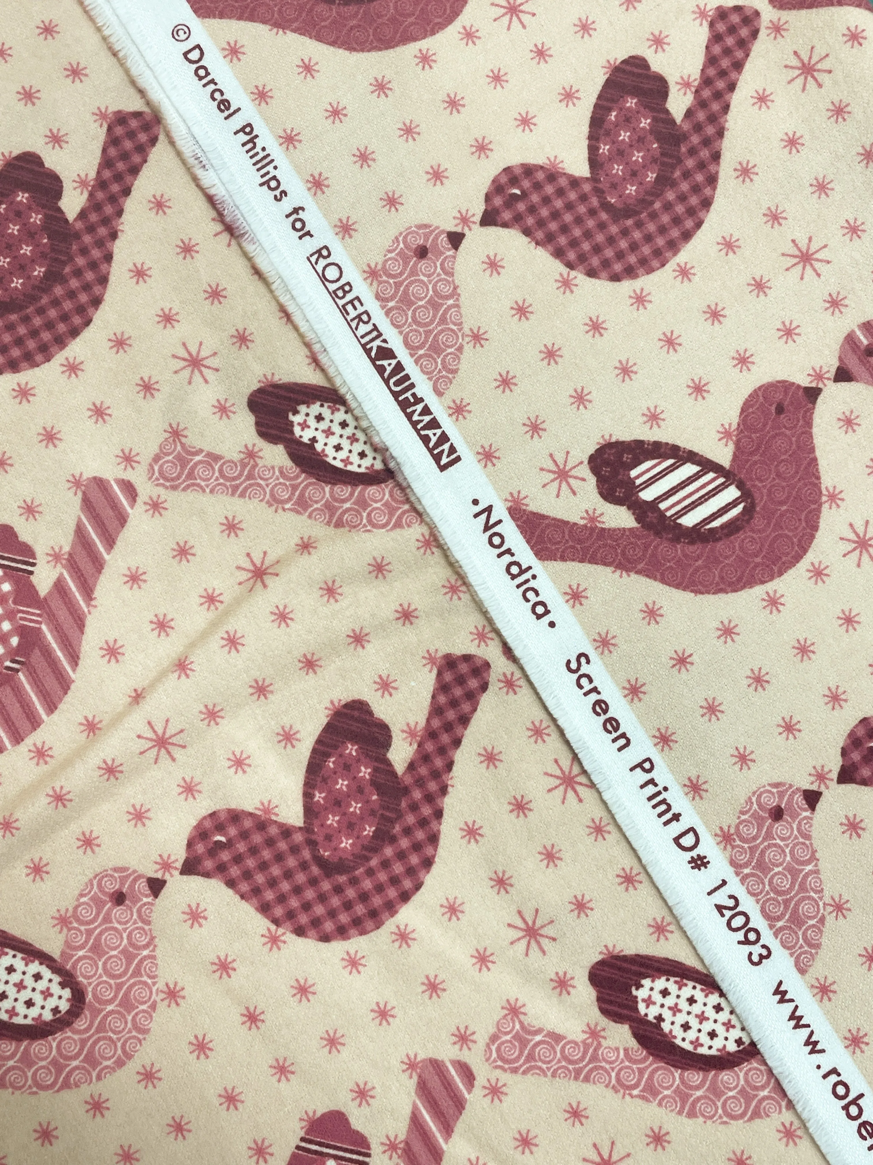 4 1/4  YD Cotton Flannel Vintage - Mauve Patchwork Print Birds on Peach