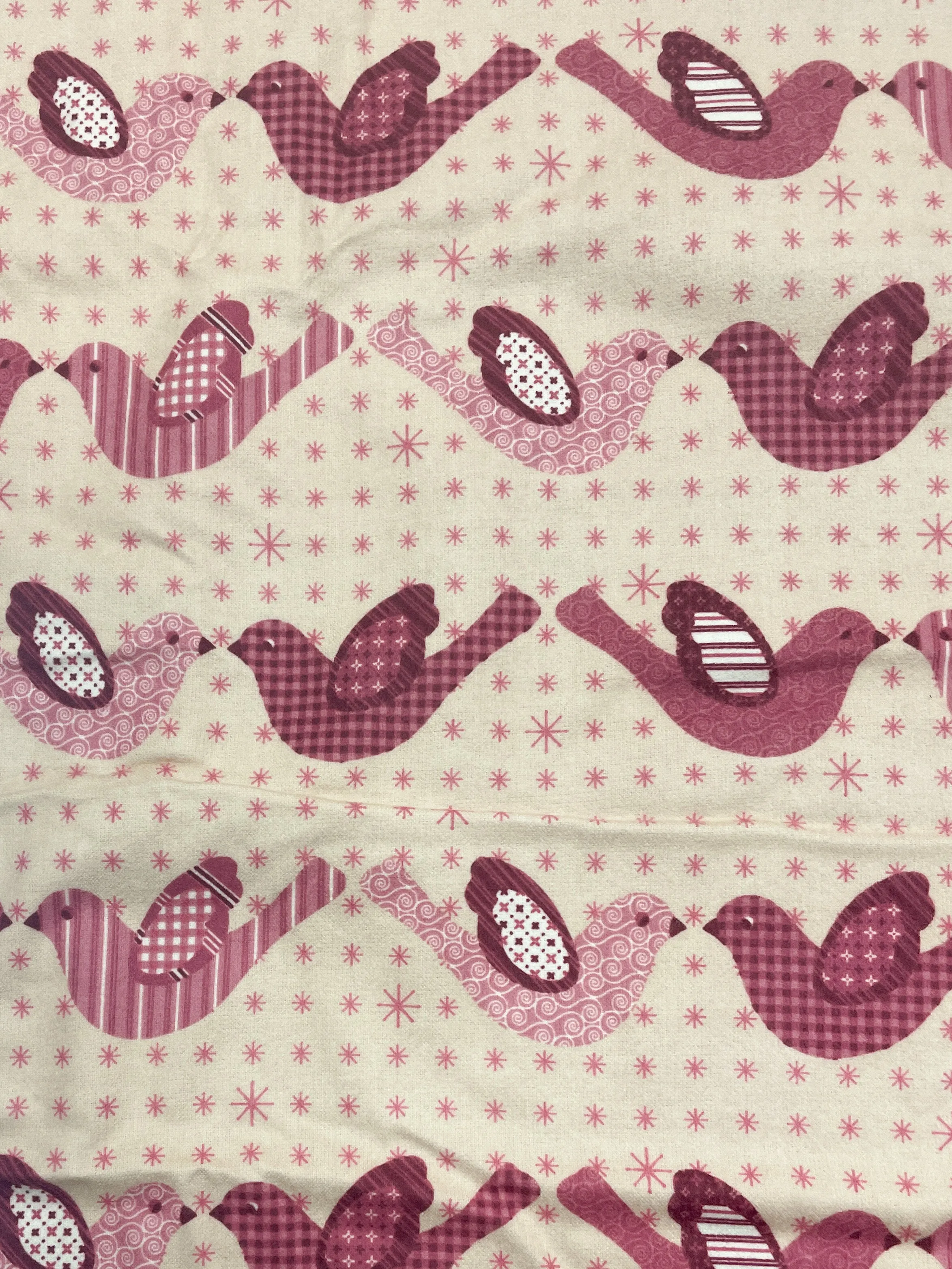 4 1/4  YD Cotton Flannel Vintage - Mauve Patchwork Print Birds on Peach