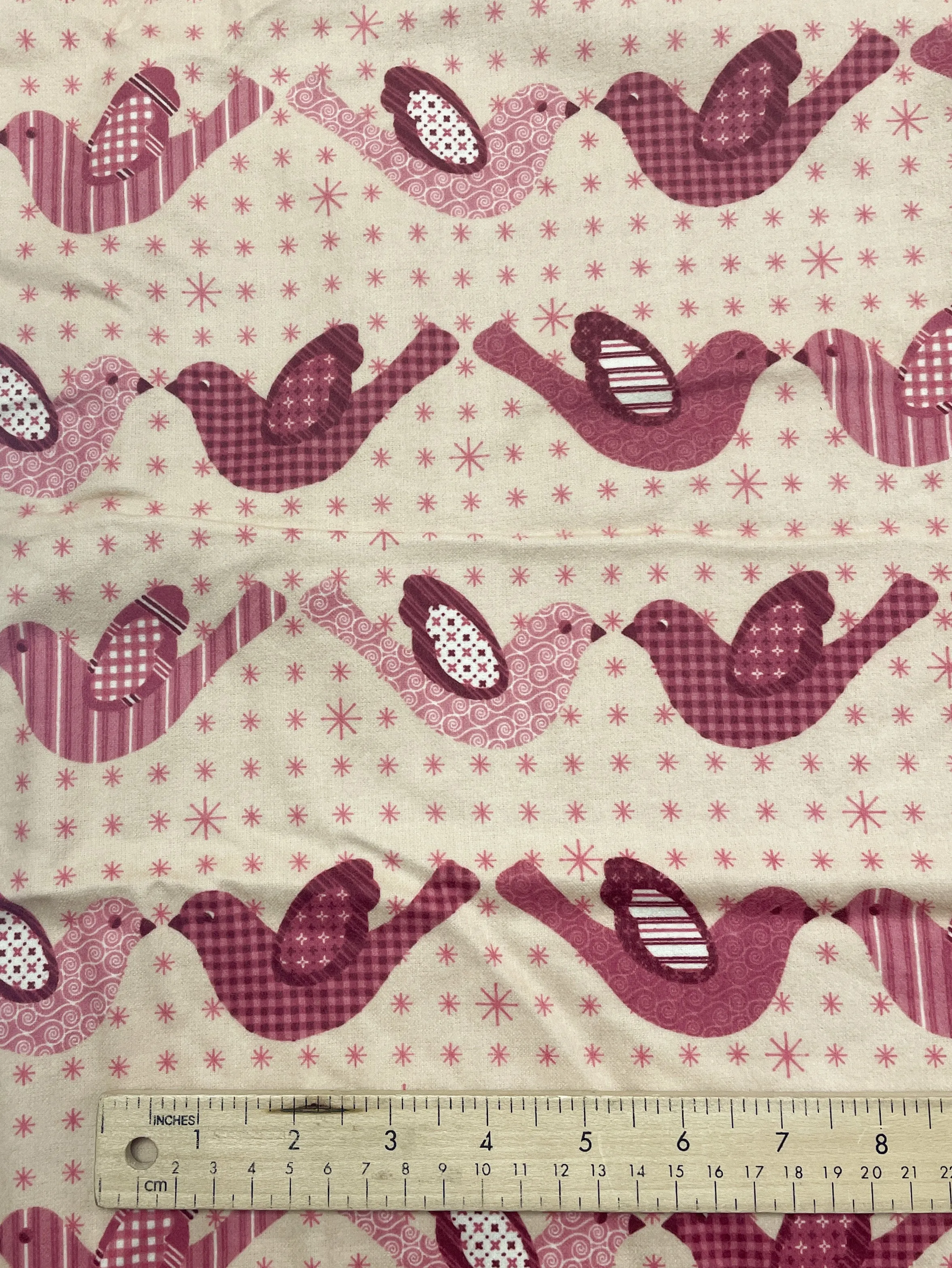 4 1/4  YD Cotton Flannel Vintage - Mauve Patchwork Print Birds on Peach