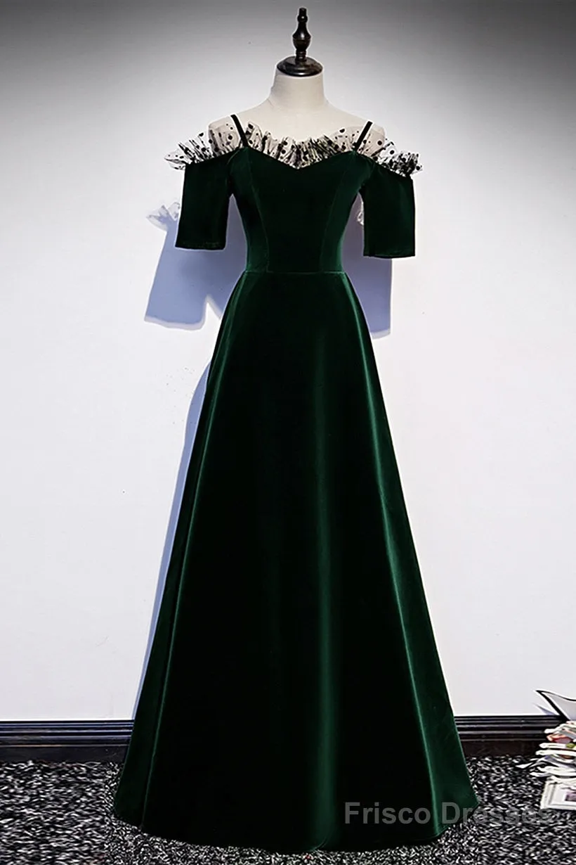 A-Line Green Velvet Spaghetti Straps Prom Dress, Green Wedding Party Dress