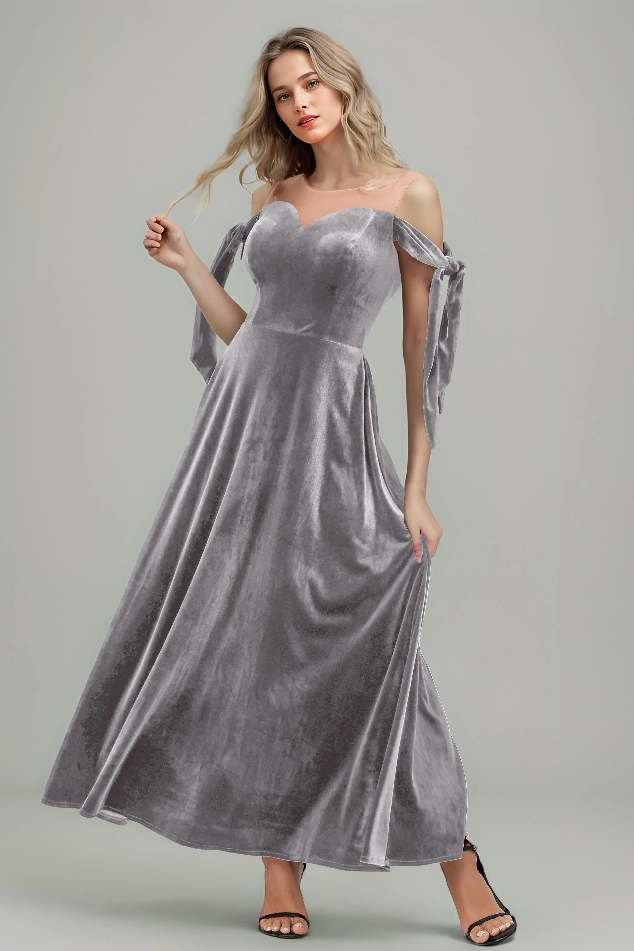 A Line Sheer Neck Ankle Length Velvet Bridesmaid Dresses