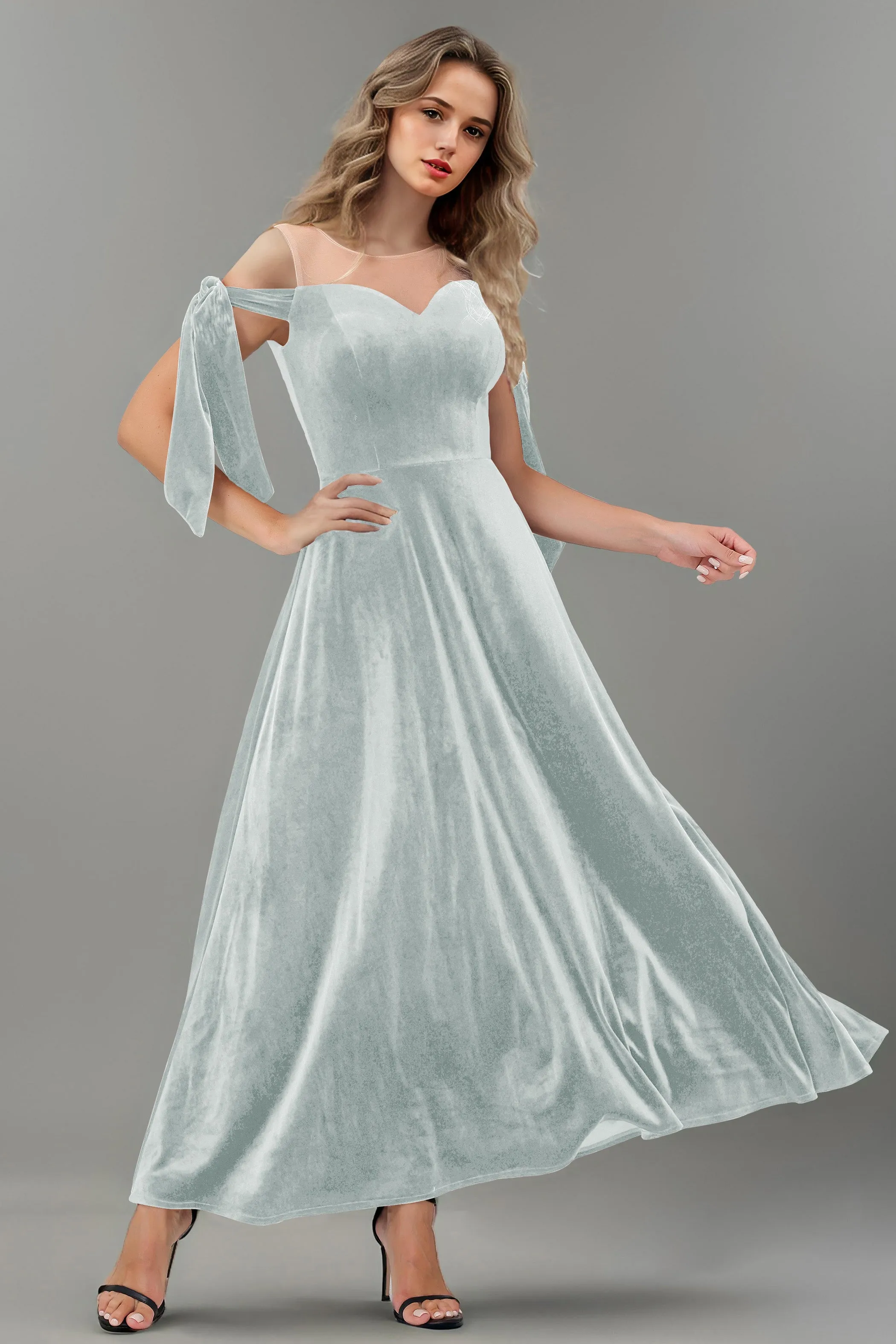 A Line Sheer Neck Ankle Length Velvet Bridesmaid Dresses
