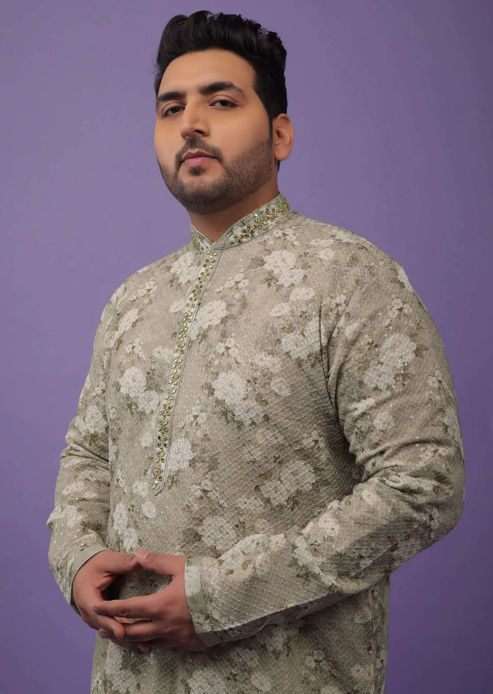 Aqua Green Embroidered Kurta Set With Vintage Floral Print In Silk