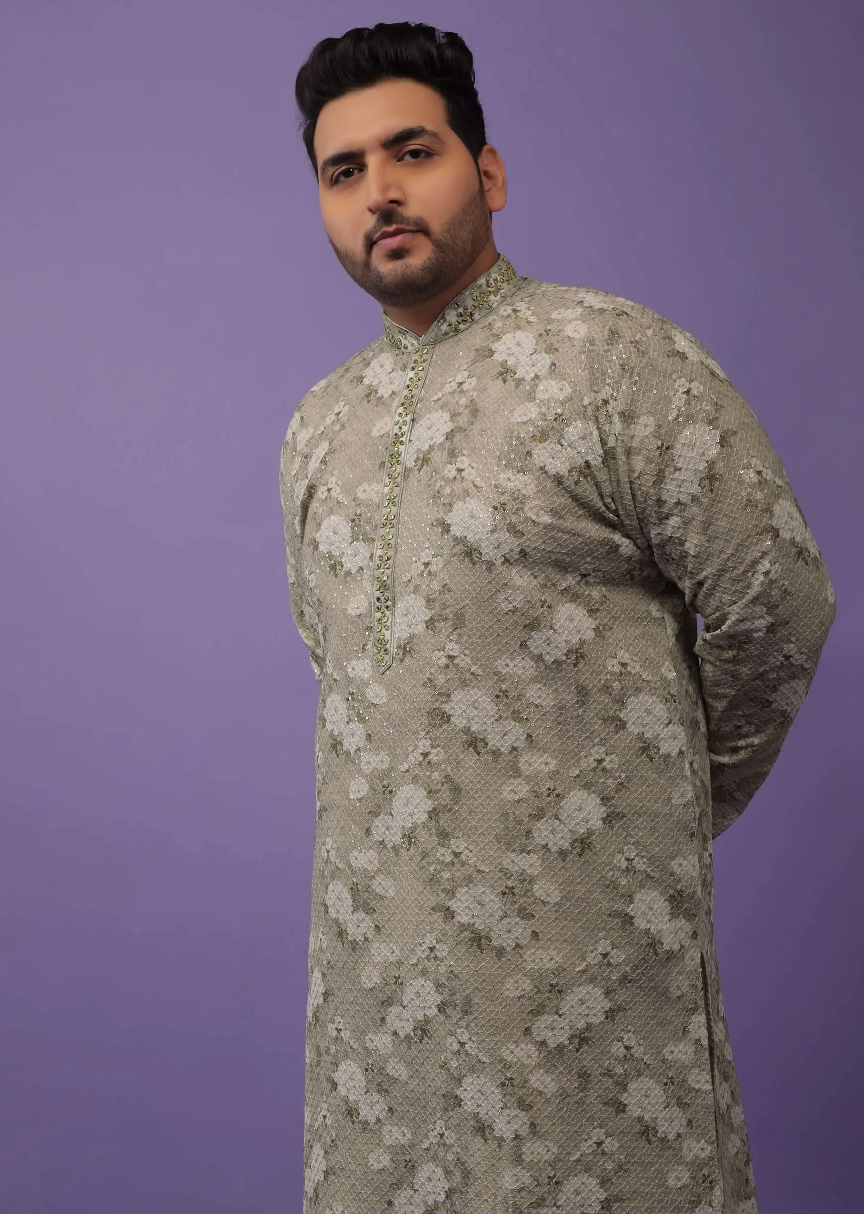 Aqua Green Embroidered Kurta Set With Vintage Floral Print In Silk