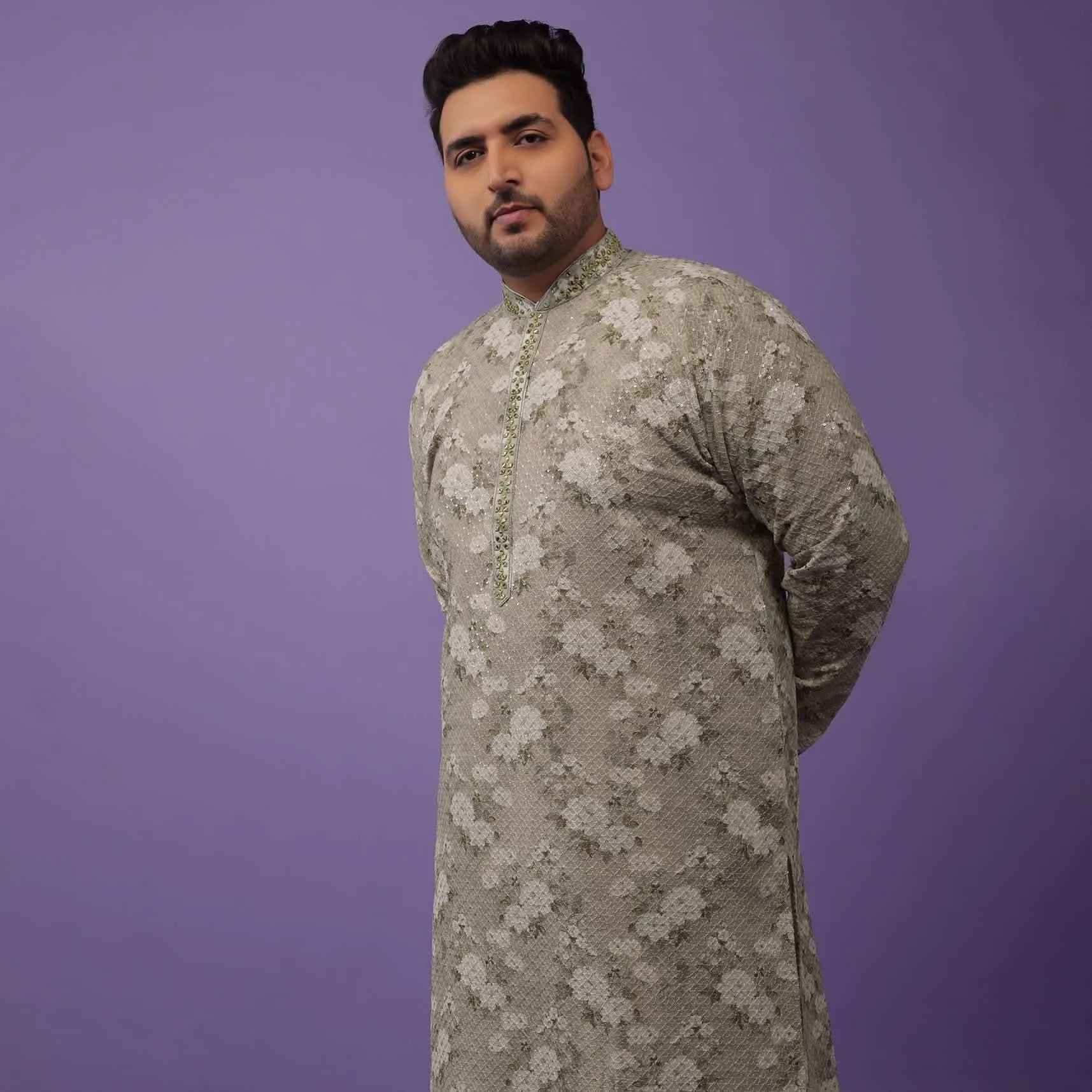 Aqua Green Embroidered Kurta Set With Vintage Floral Print In Silk