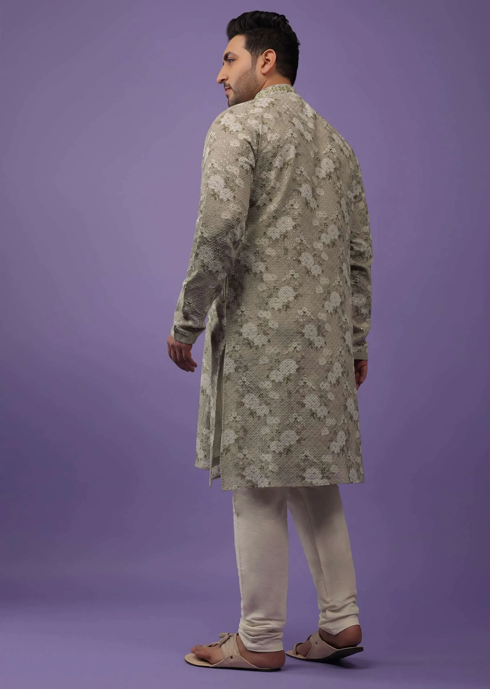 Aqua Green Embroidered Kurta Set With Vintage Floral Print In Silk