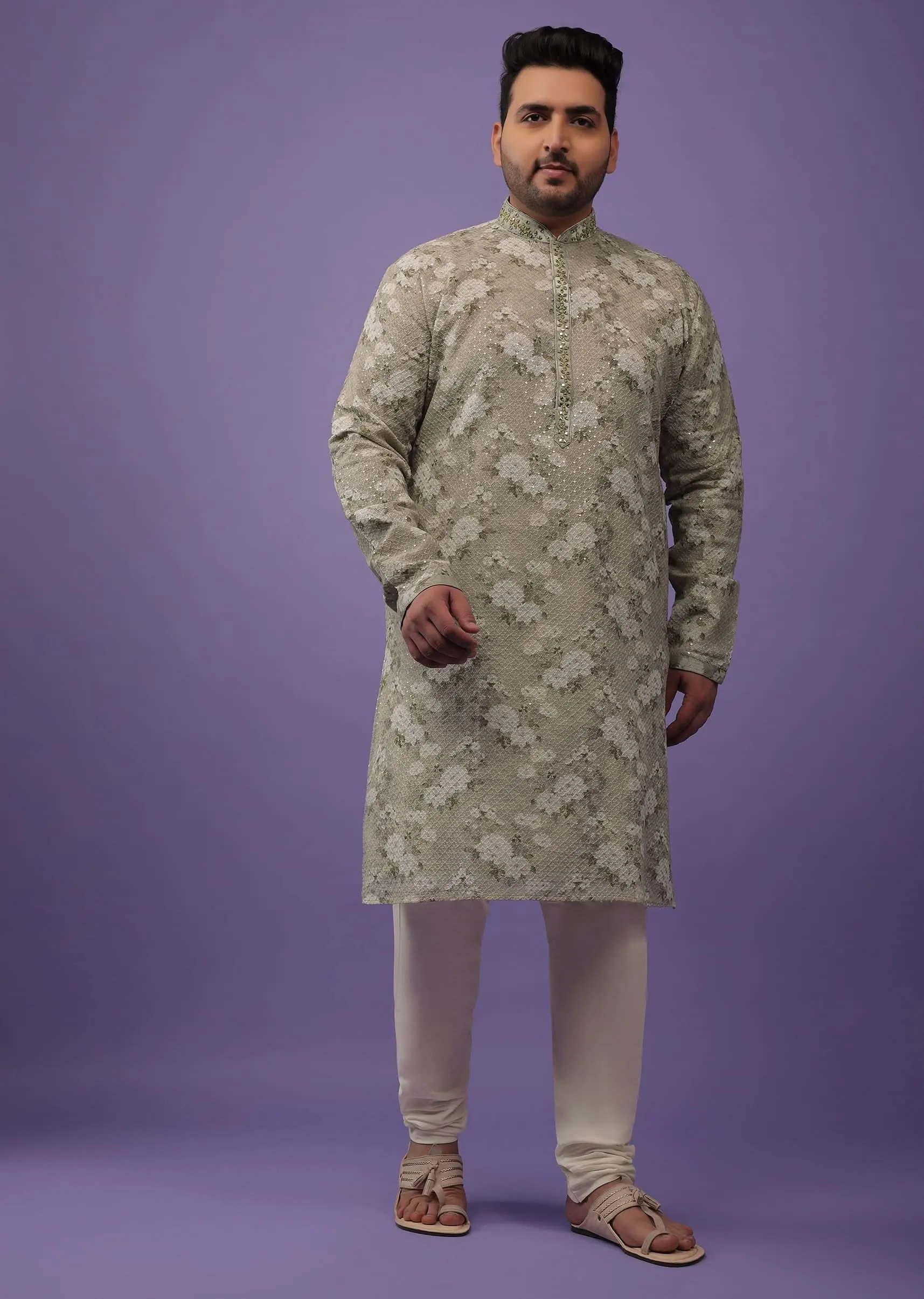 Aqua Green Embroidered Kurta Set With Vintage Floral Print