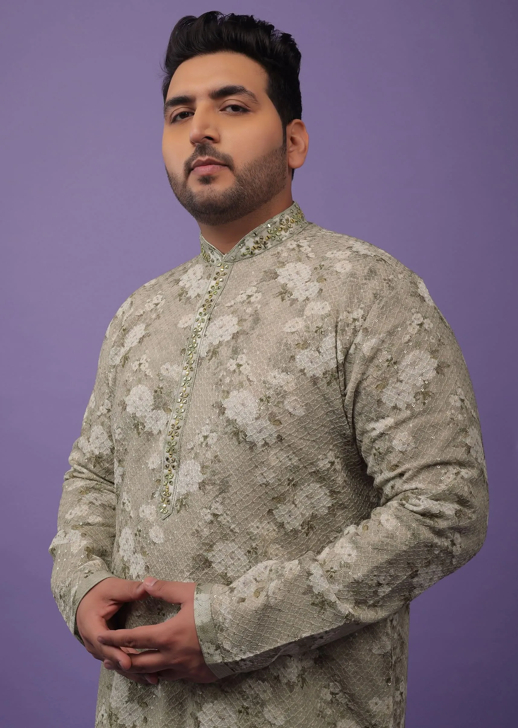 Aqua Green Embroidered Kurta Set With Vintage Floral Print
