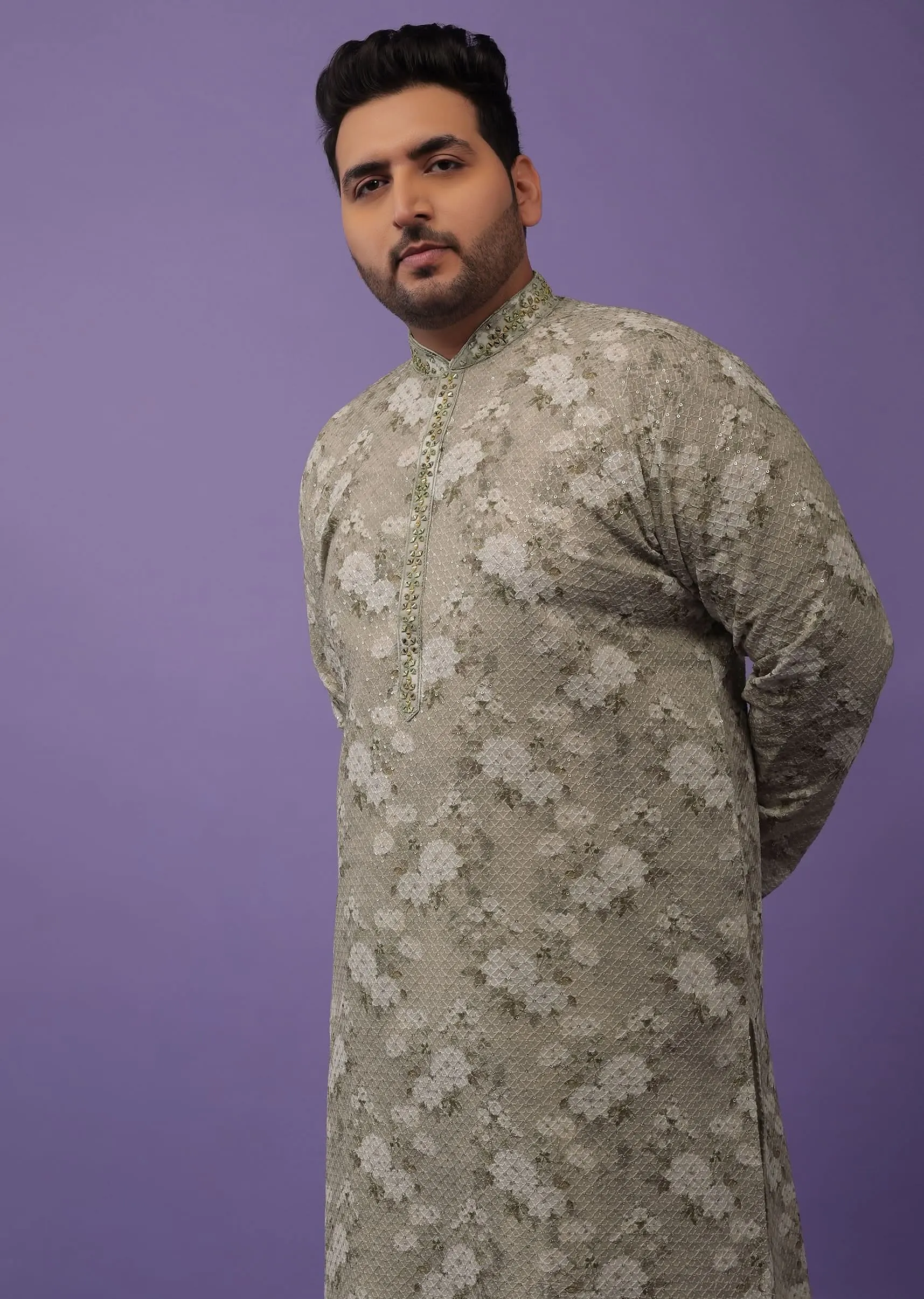 Aqua Green Embroidered Kurta Set With Vintage Floral Print