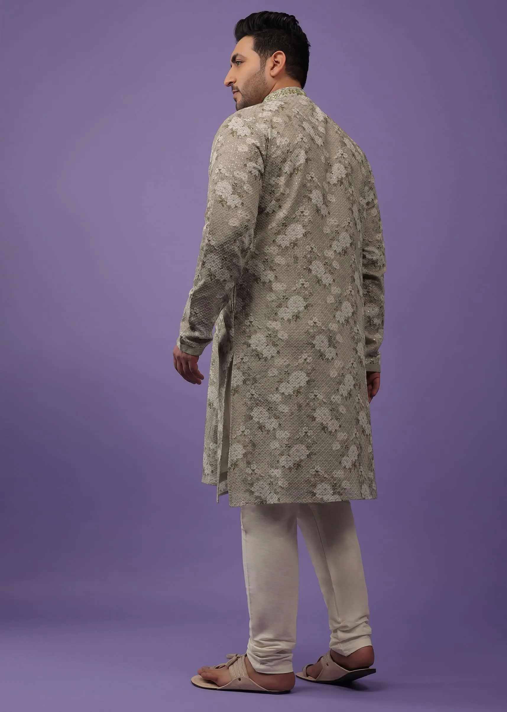 Aqua Green Embroidered Kurta Set With Vintage Floral Print