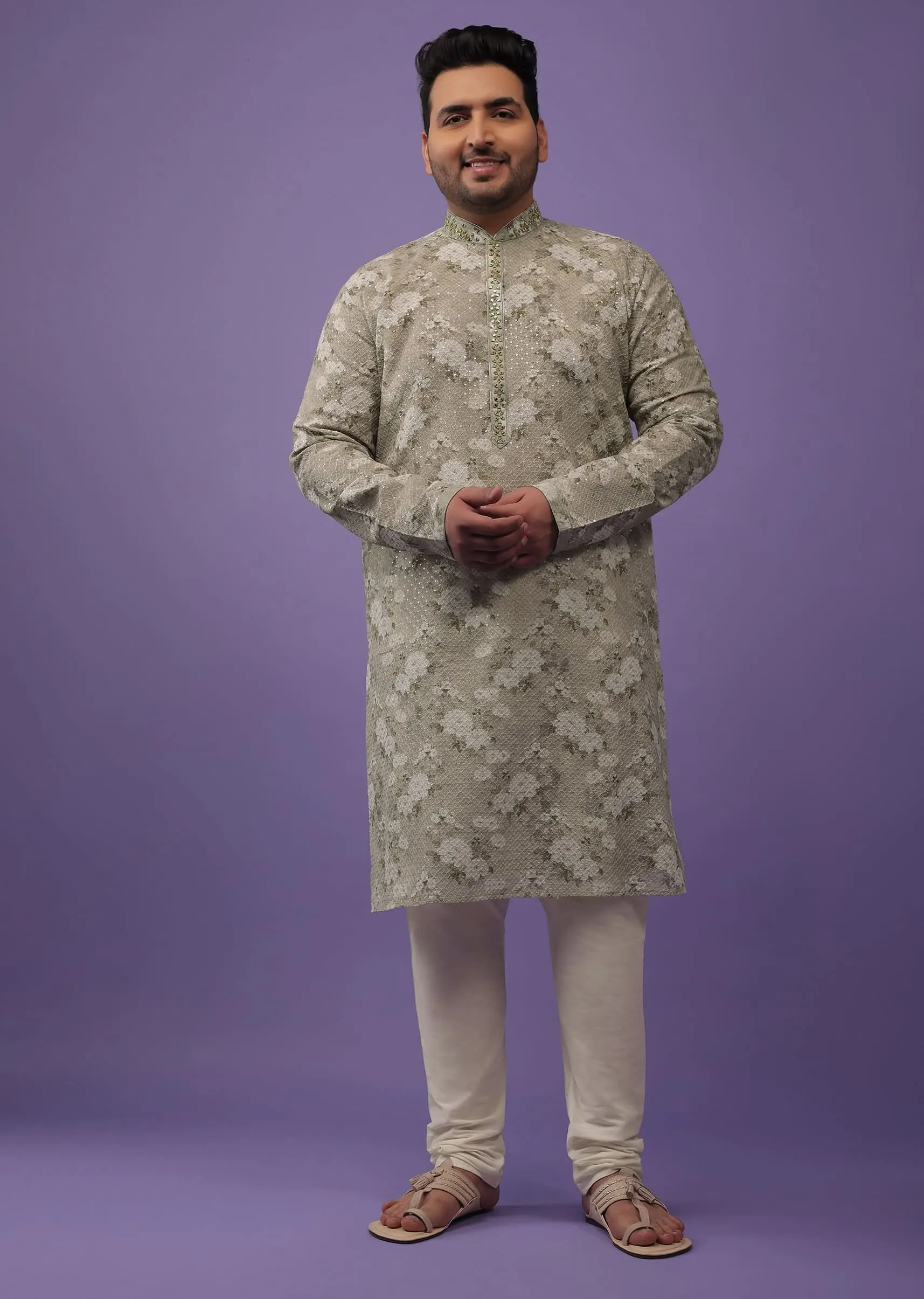 Aqua Green Embroidered Kurta Set With Vintage Floral Print