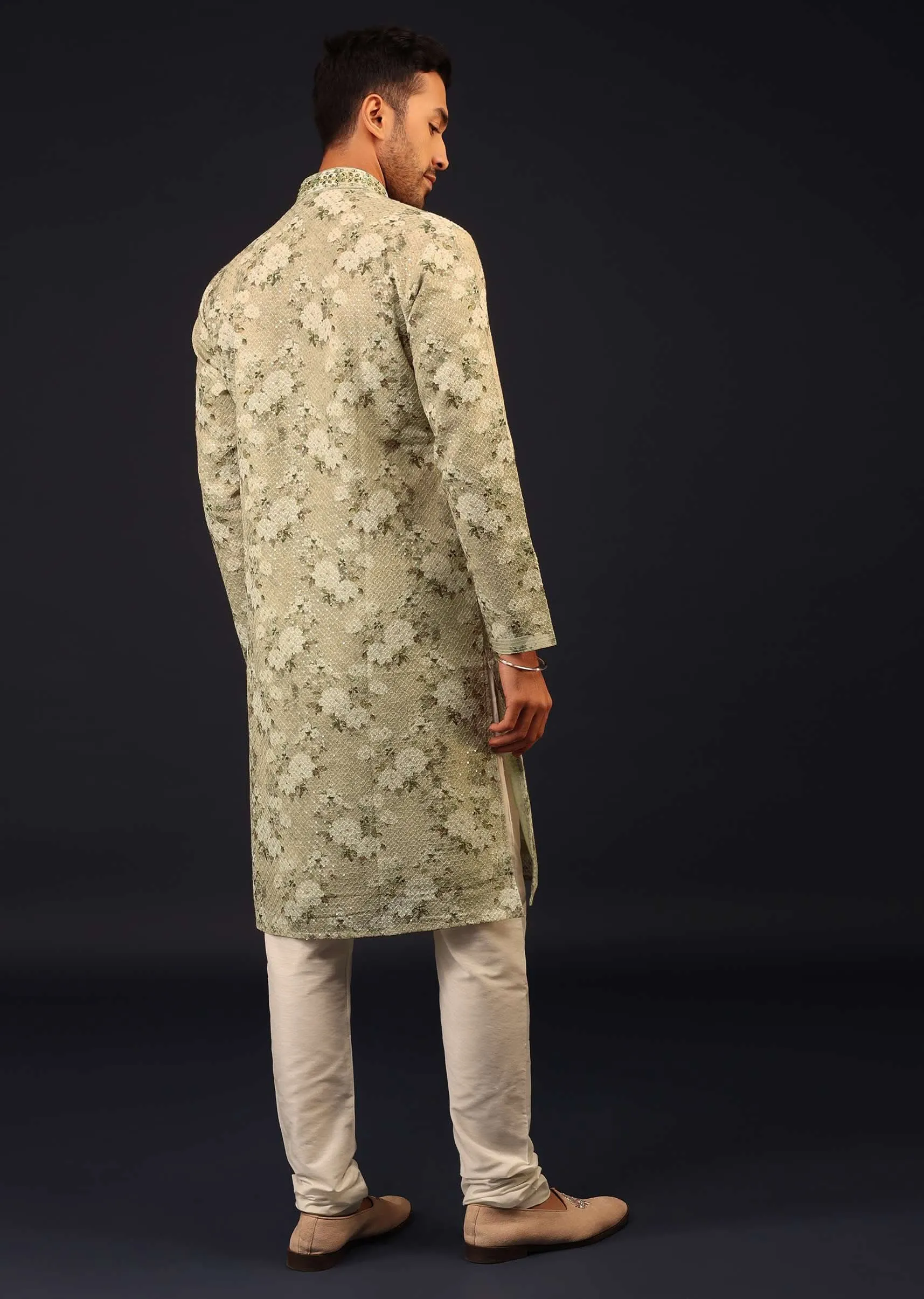 Aqua Green Embroidered Kurta Set With Vintage Floral Print