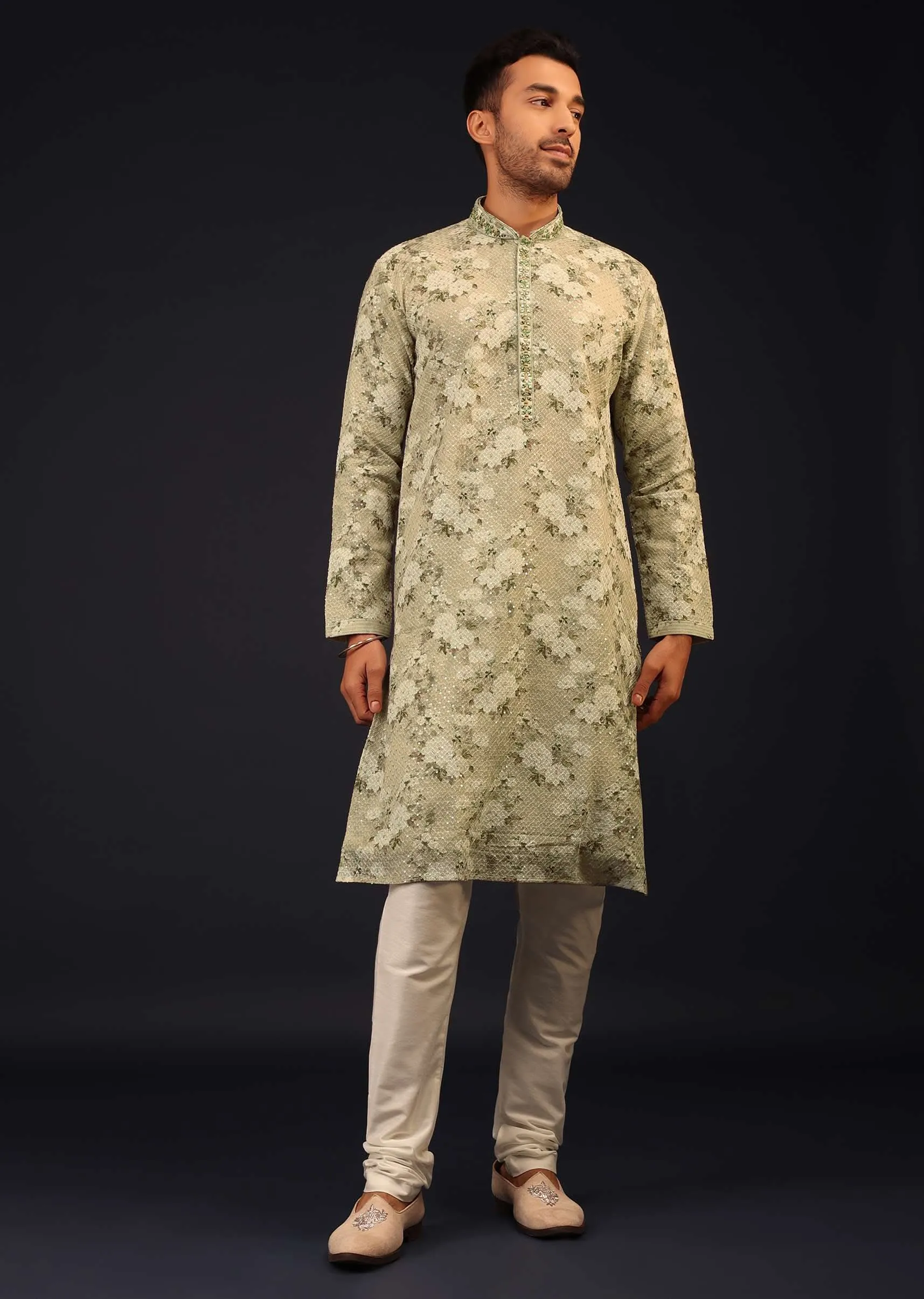 Aqua Green Embroidered Kurta Set With Vintage Floral Print