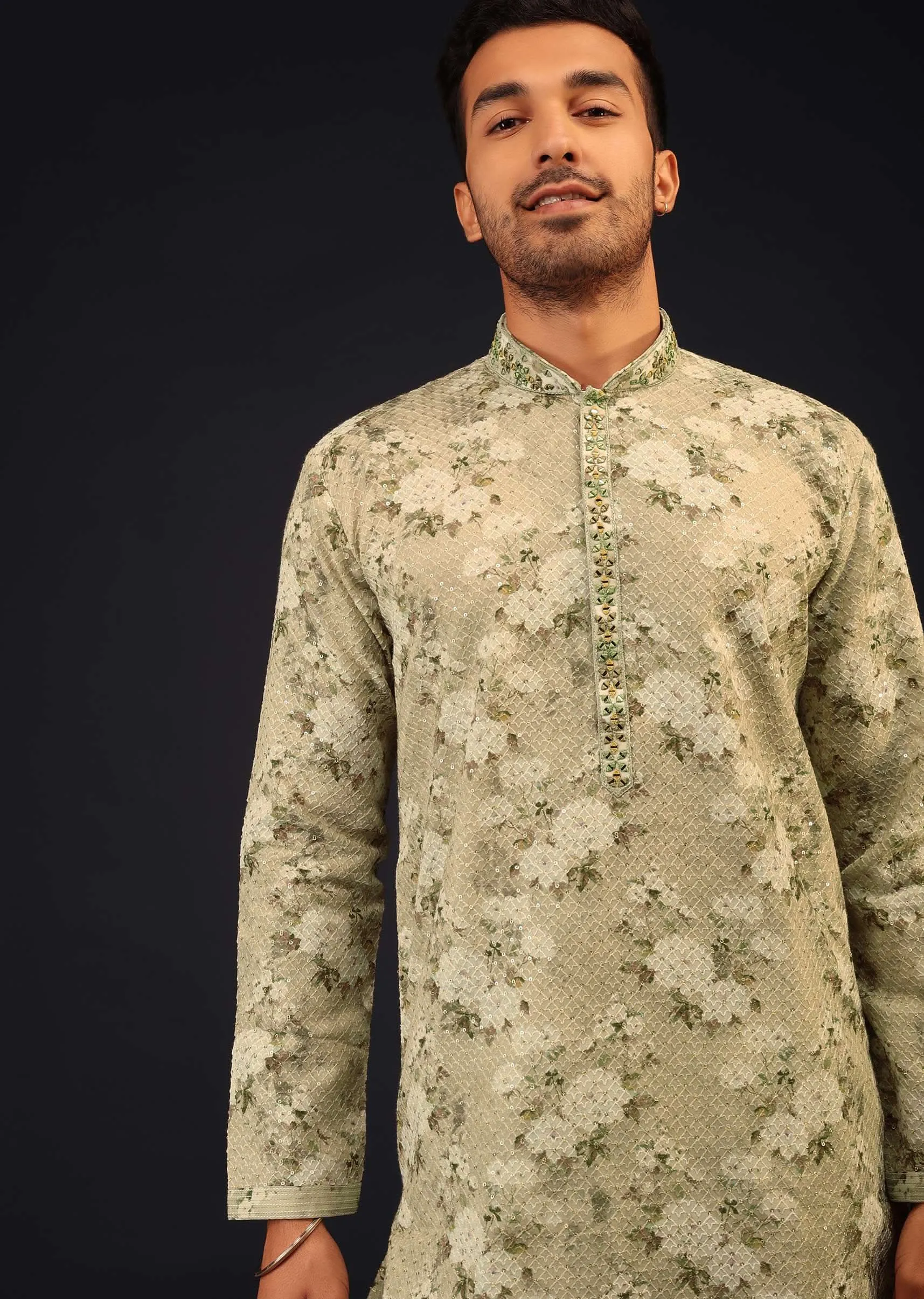 Aqua Green Embroidered Kurta Set With Vintage Floral Print