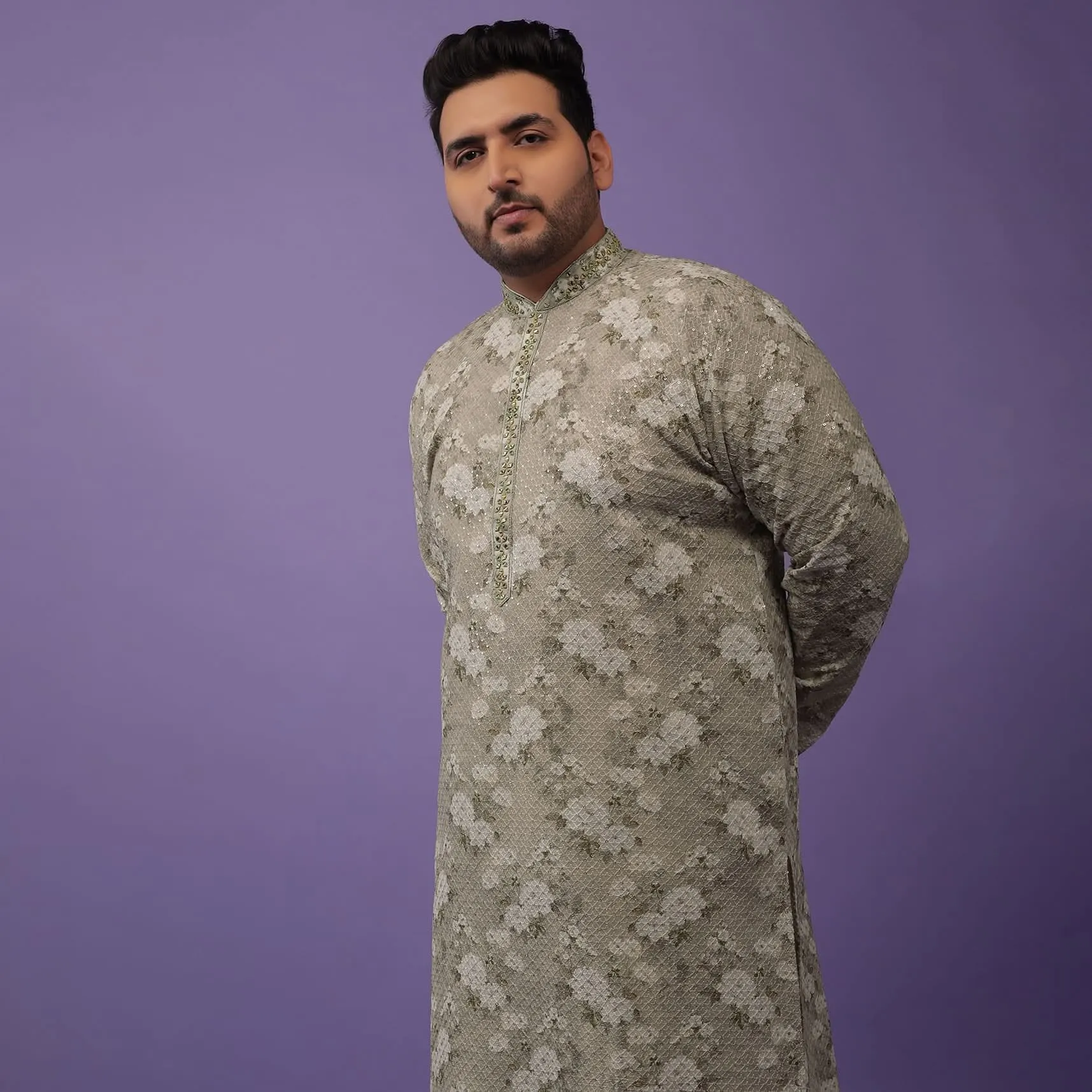 Aqua Green Embroidered Kurta Set With Vintage Floral Print