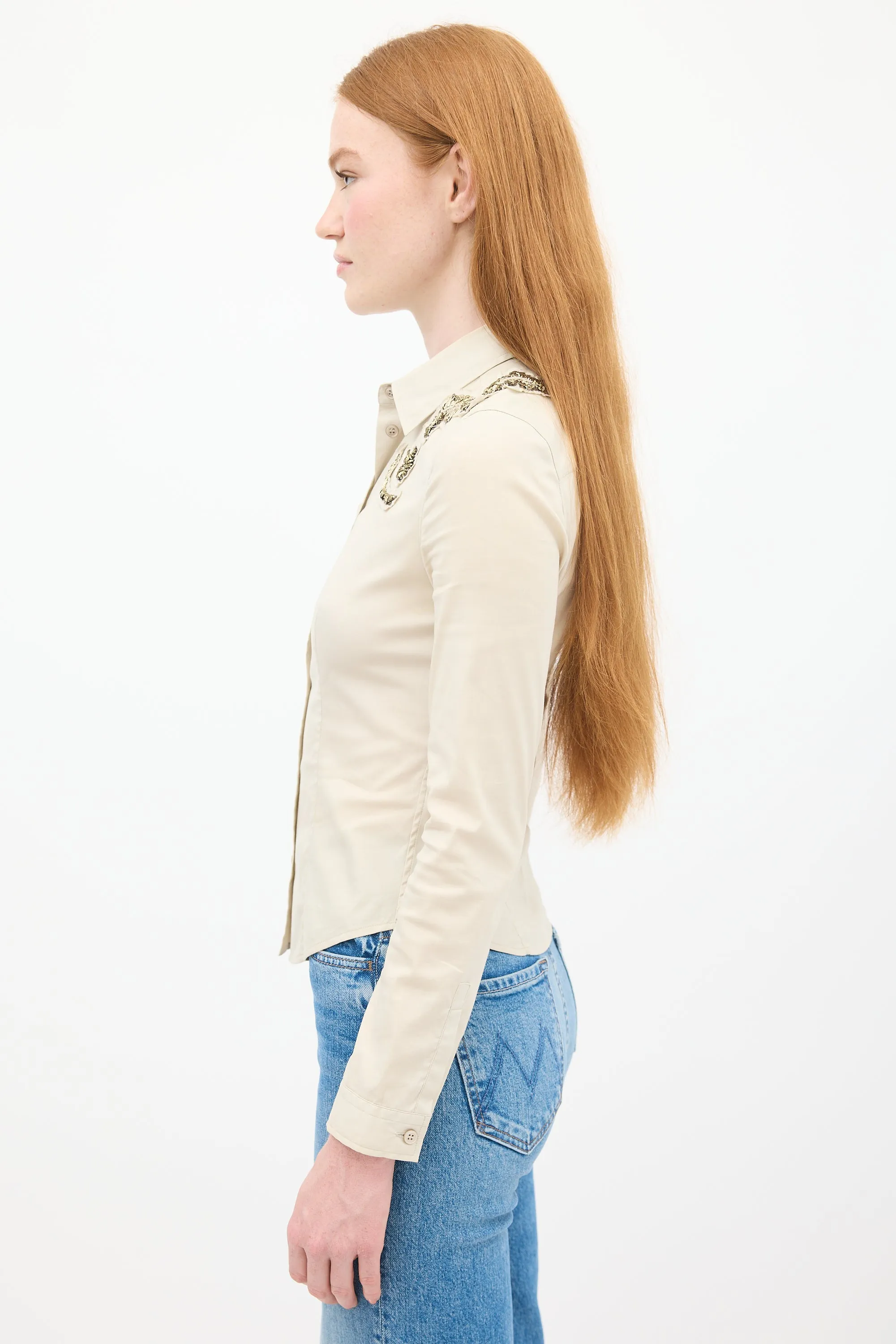 Beige Cotton & Nylon Embellished Shirt