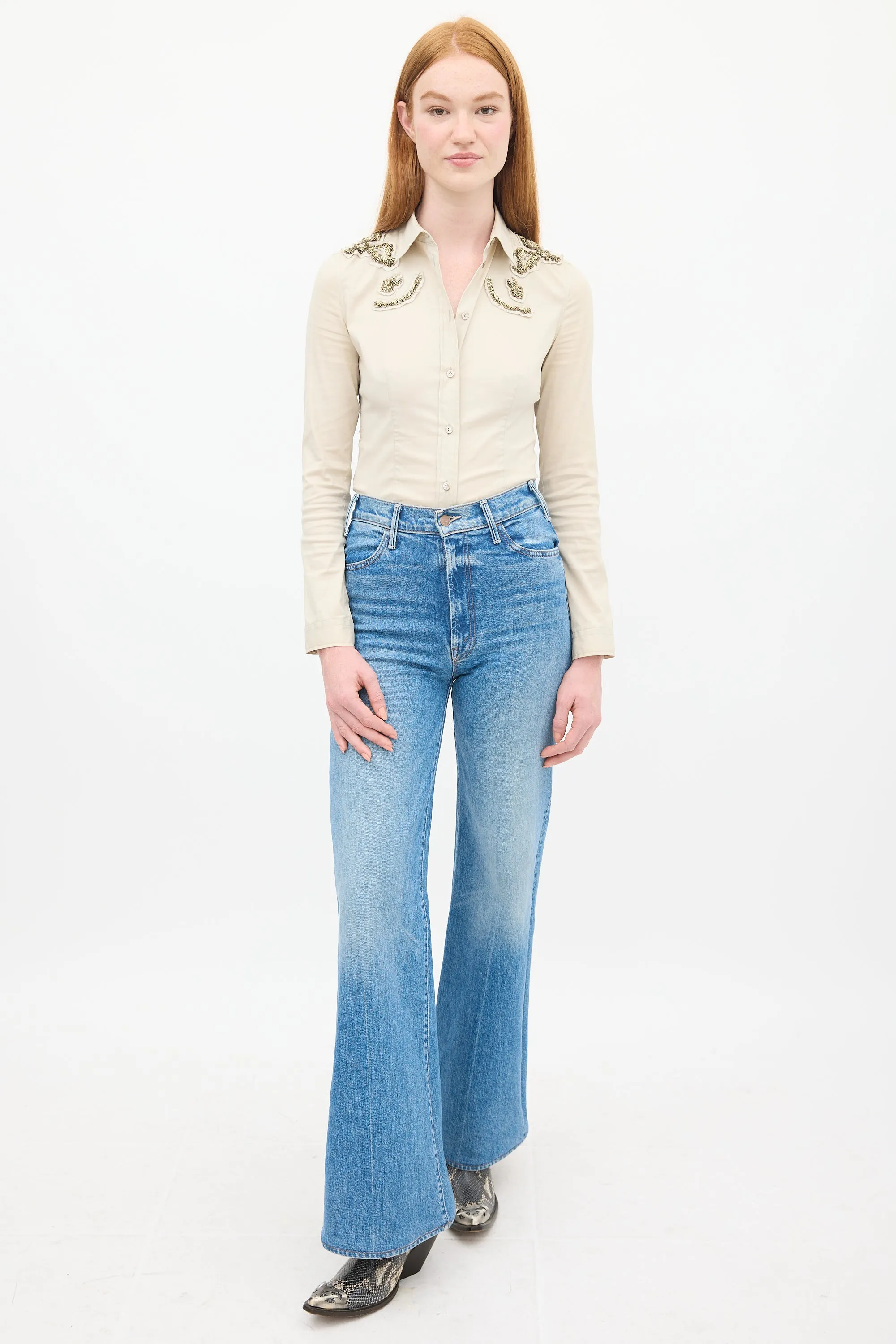 Beige Cotton & Nylon Embellished Shirt