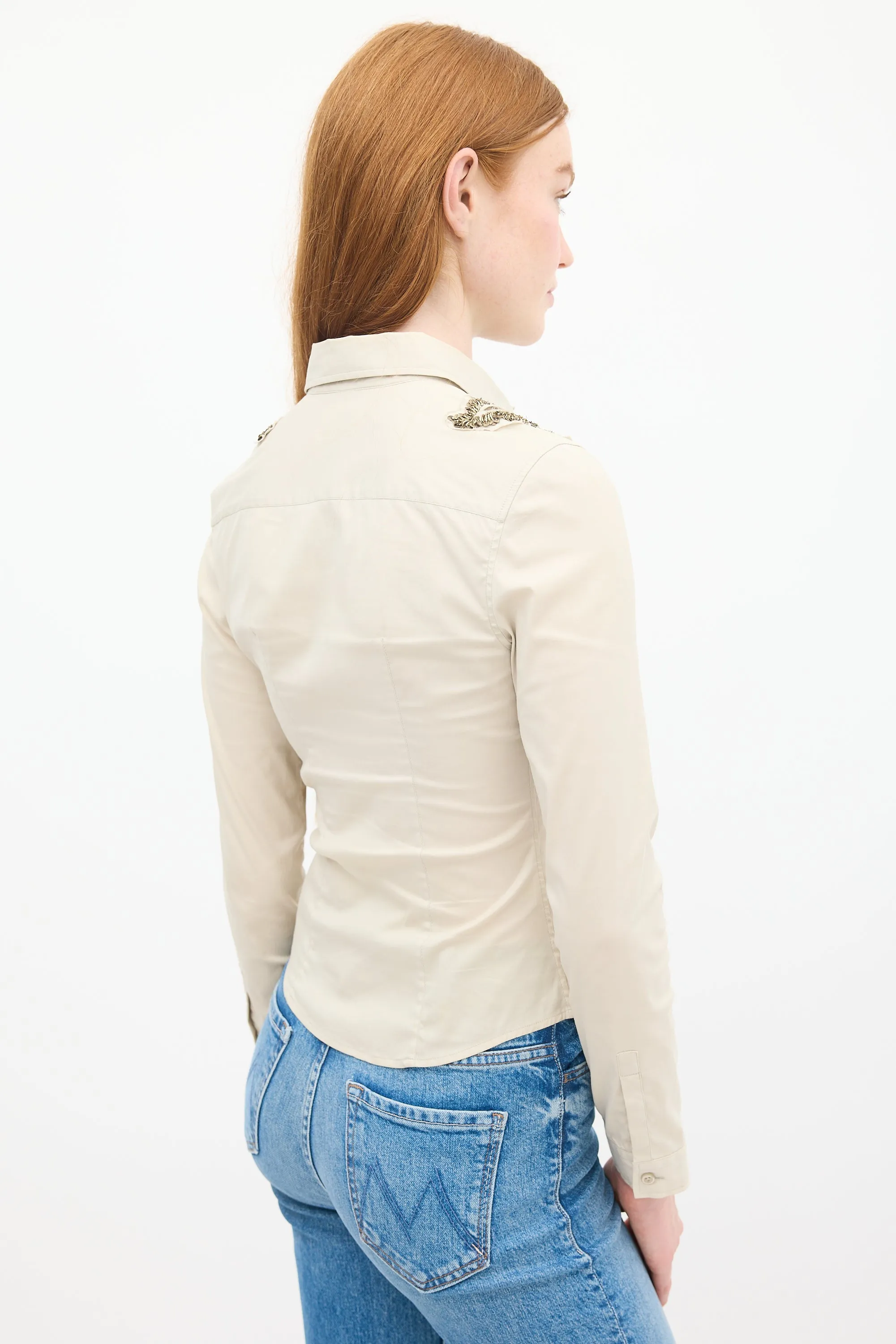 Beige Cotton & Nylon Embellished Shirt