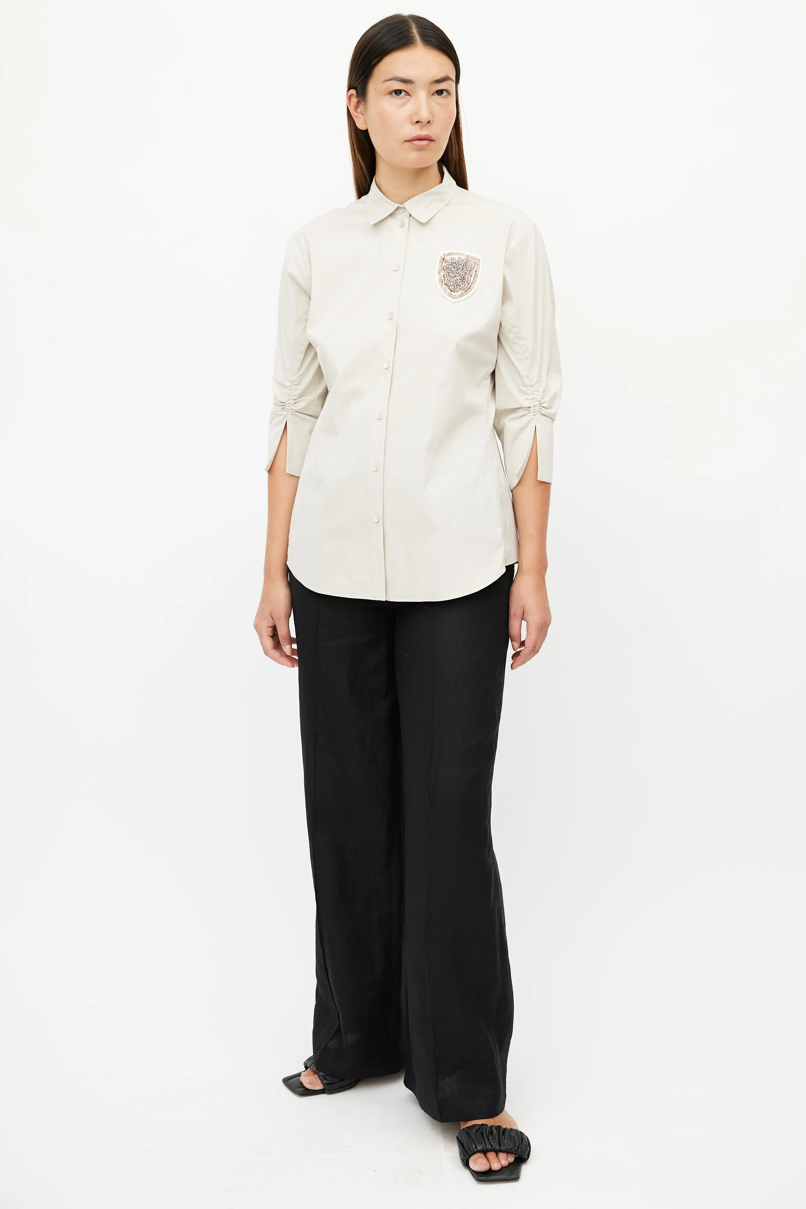 Beige Gathered Embellished Shirt
