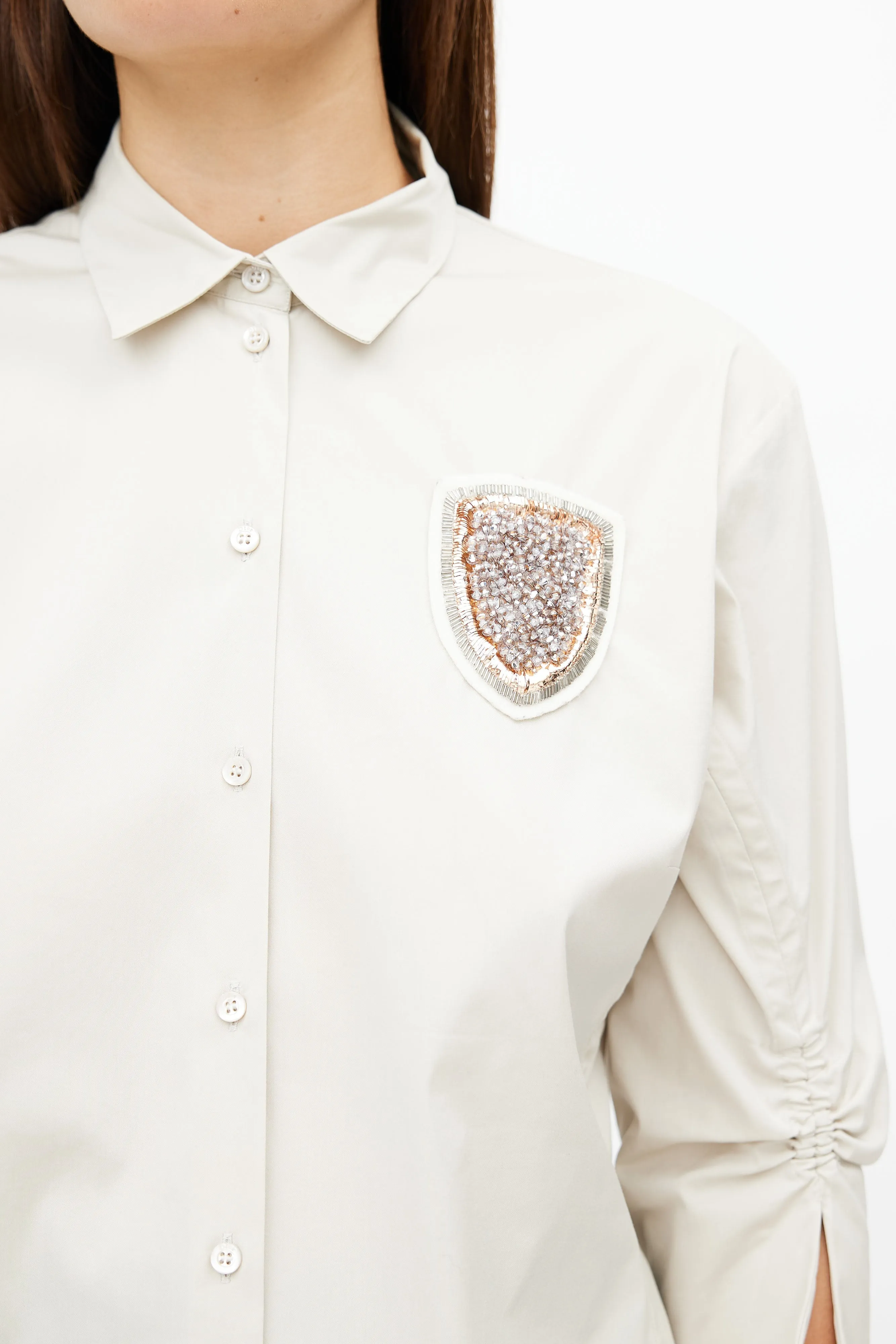 Beige Gathered Embellished Shirt