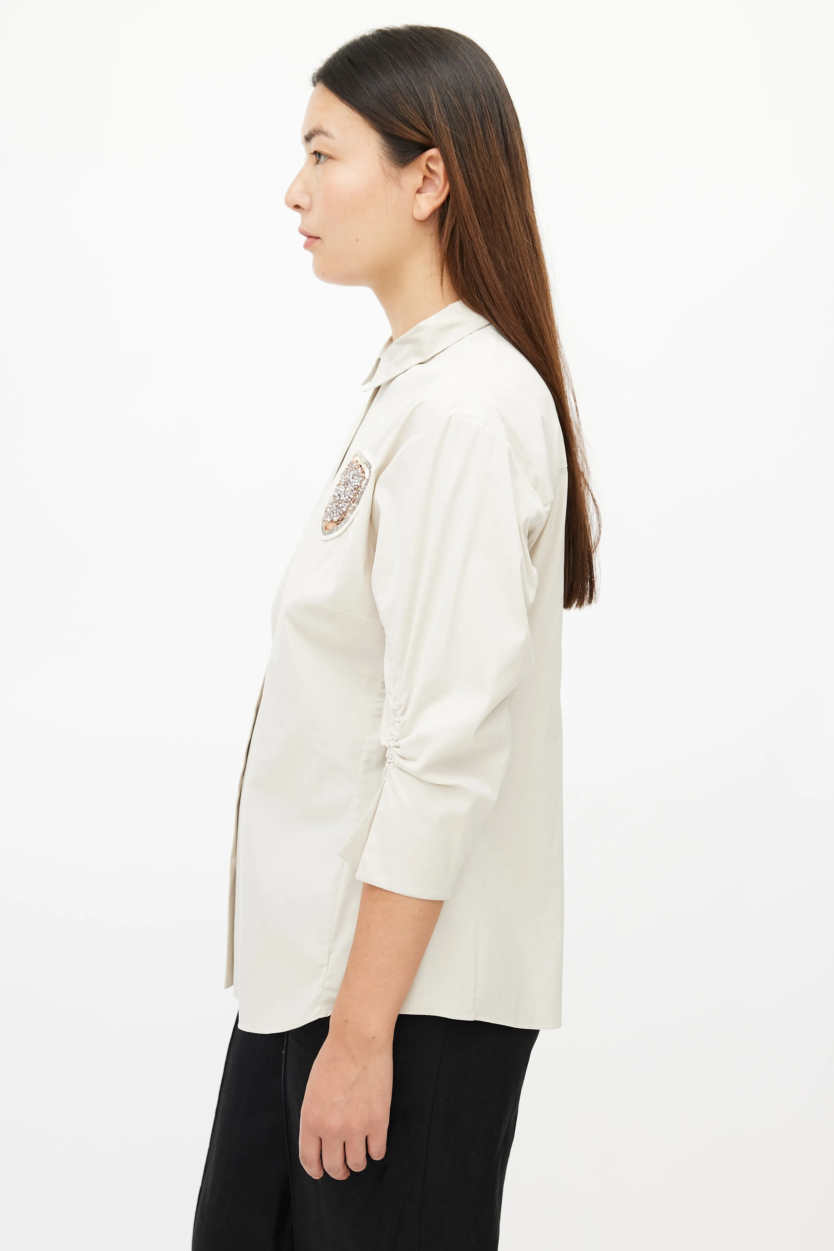 Beige Gathered Embellished Shirt