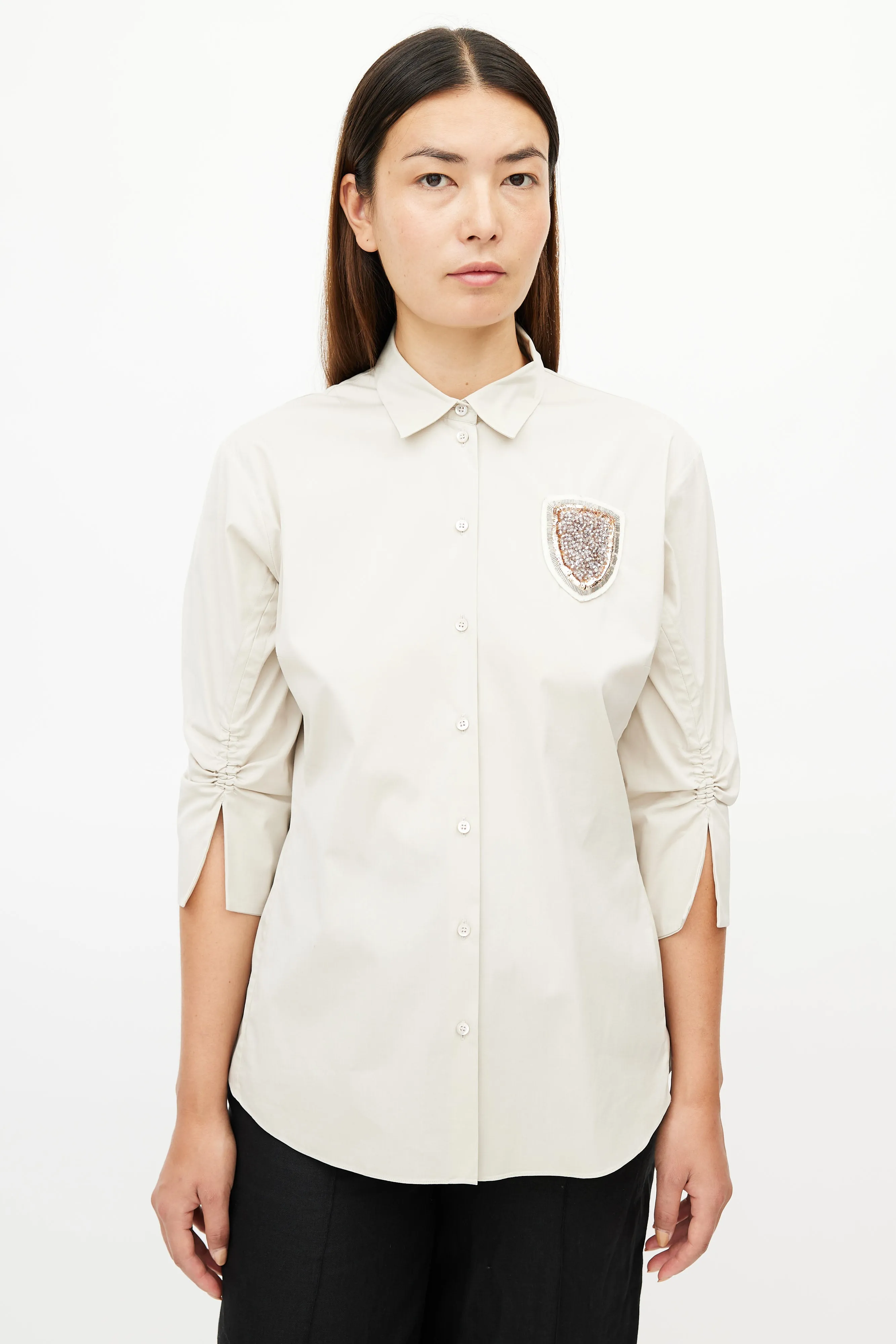 Beige Gathered Embellished Shirt