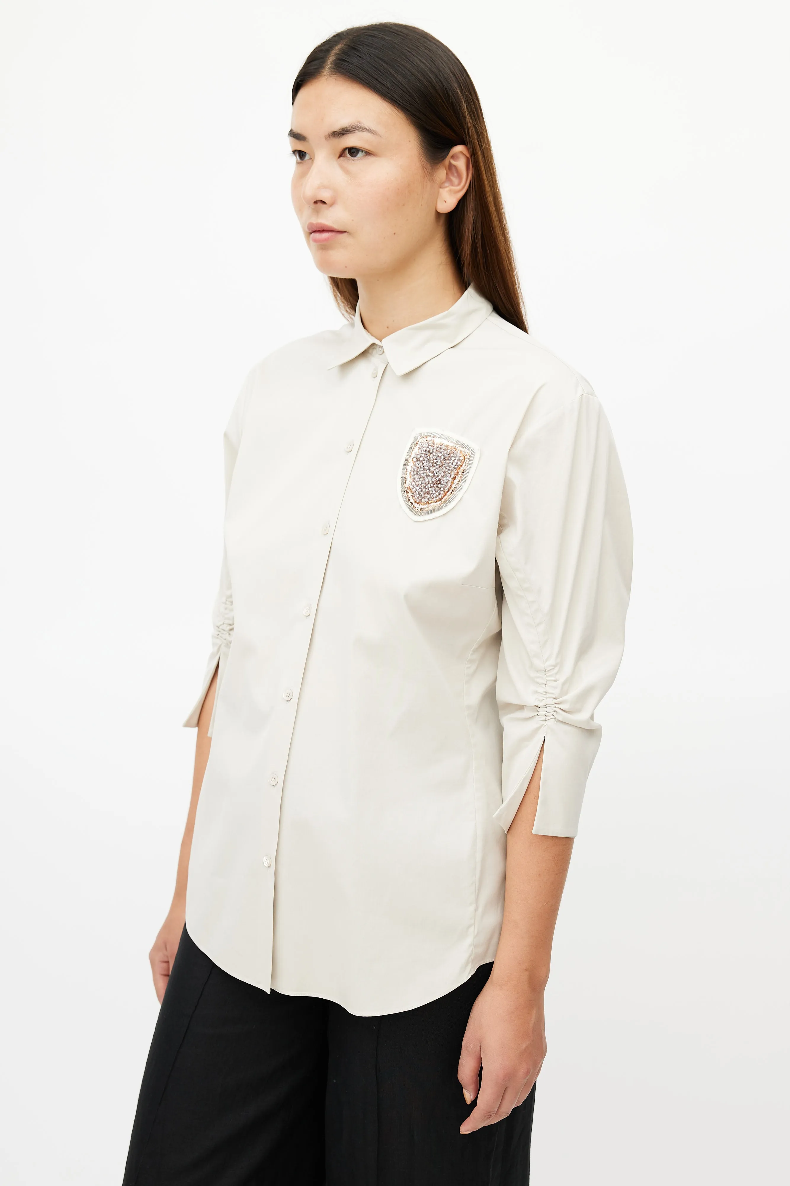 Beige Gathered Embellished Shirt