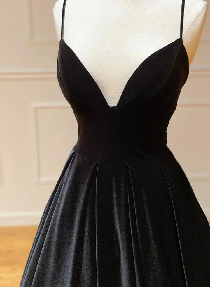 Black A-Line Velvet Long Prom Dresses Evening Dresses V-neck Sexy