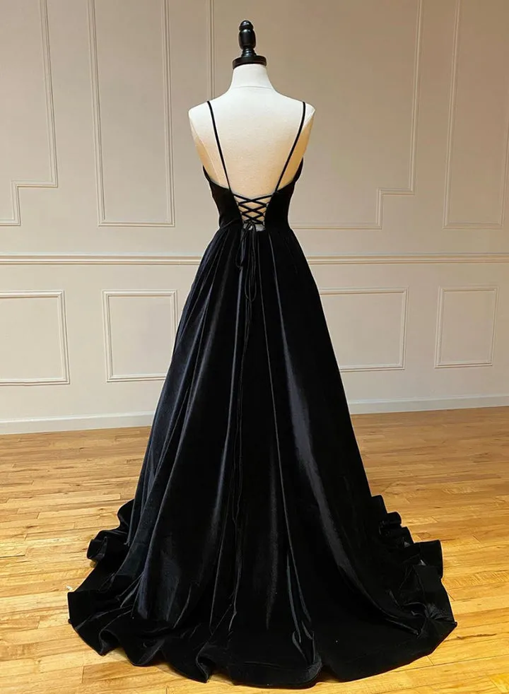Black A-Line Velvet Long Prom Dresses Evening Dresses V-neck Sexy