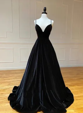 Black A-Line Velvet Long Prom Dresses Evening Dresses V-neck Sexy
