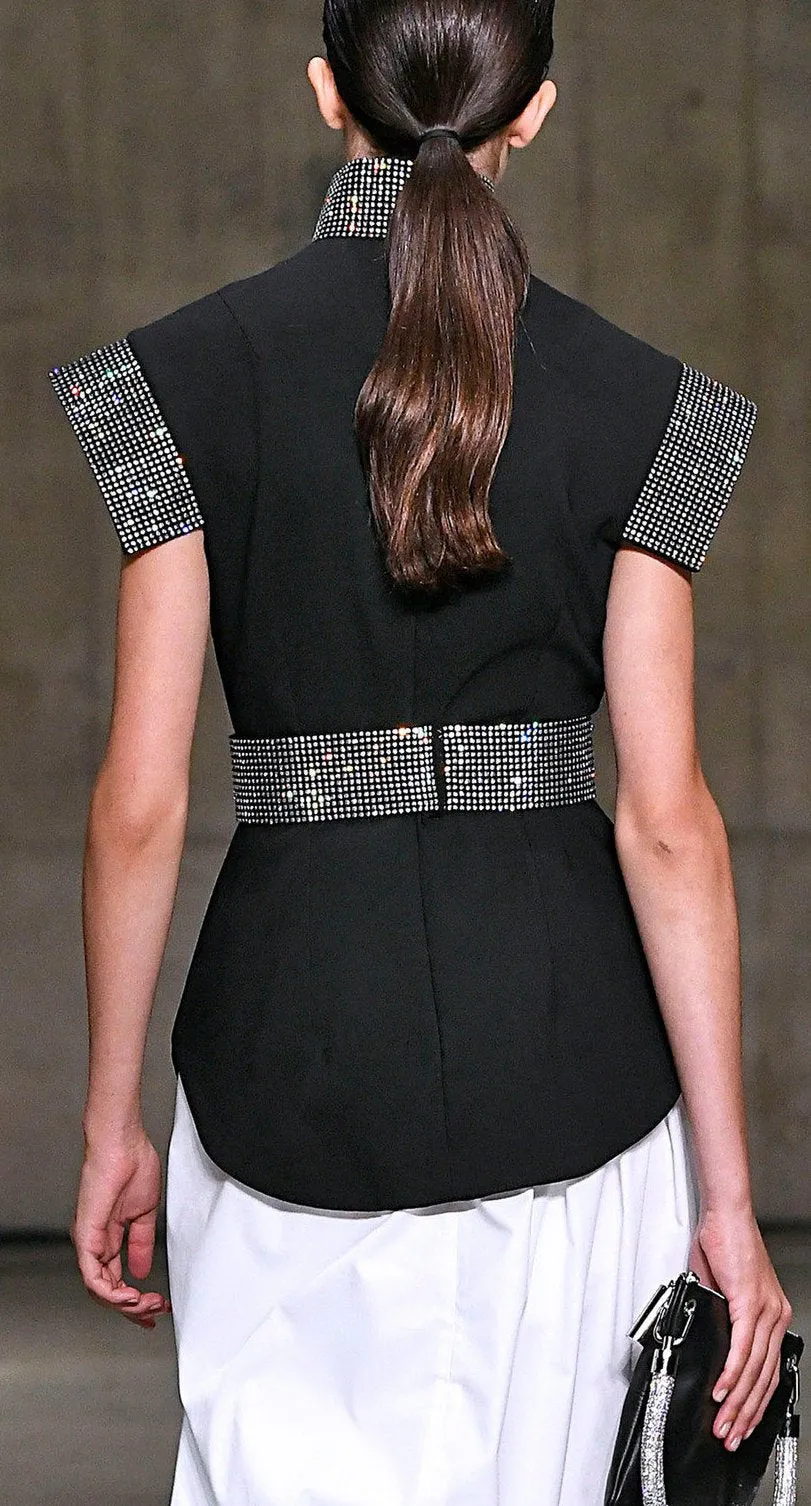 Black Belted Crepe Sequin Top