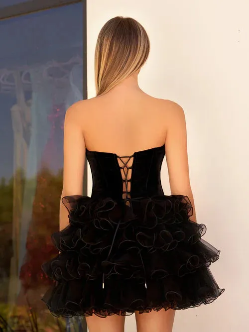 Black Graduation Dresses Velvet Sweetheart Ruffles Short Homecoming Dress