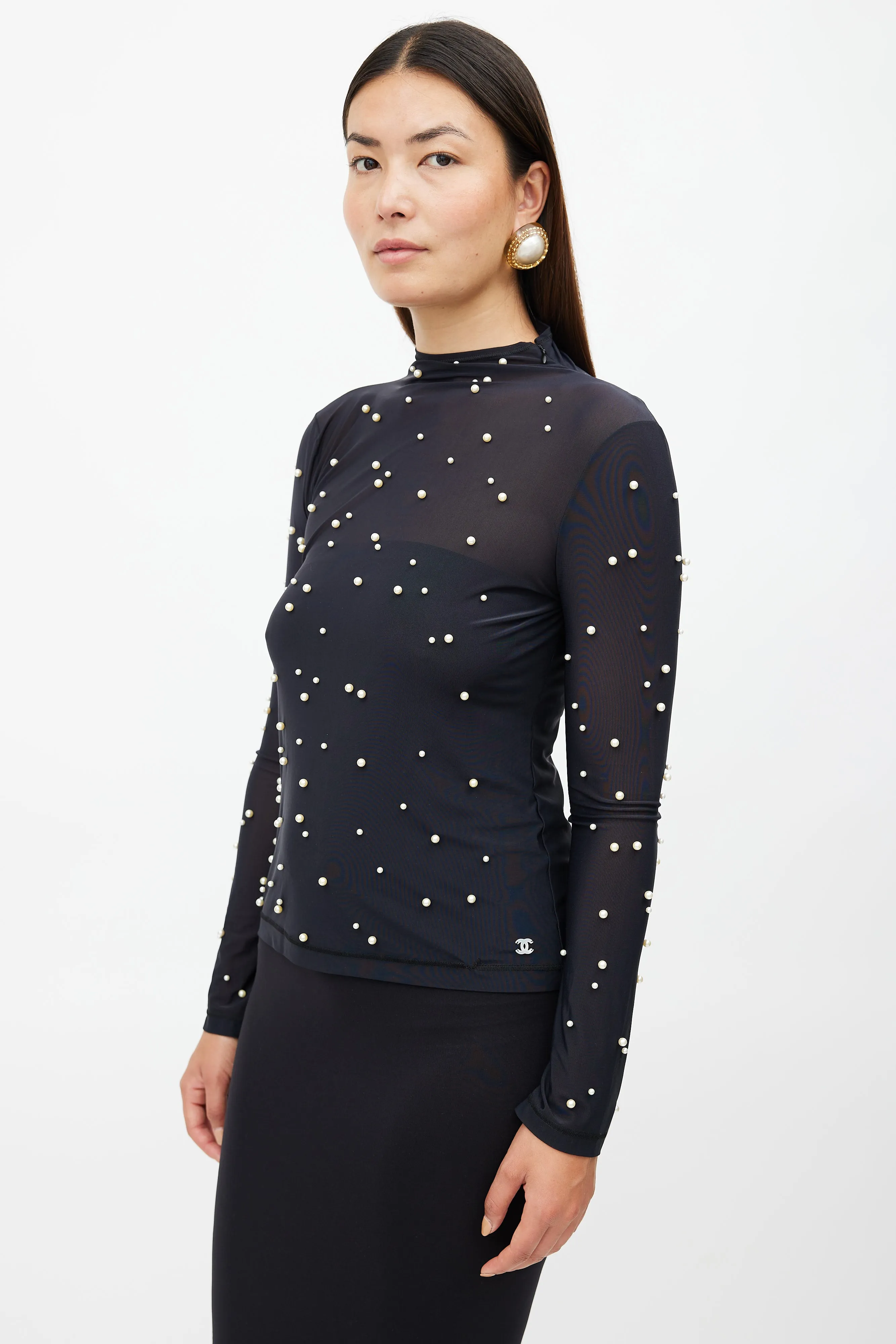 Black Mesh Pearl Embellished Top