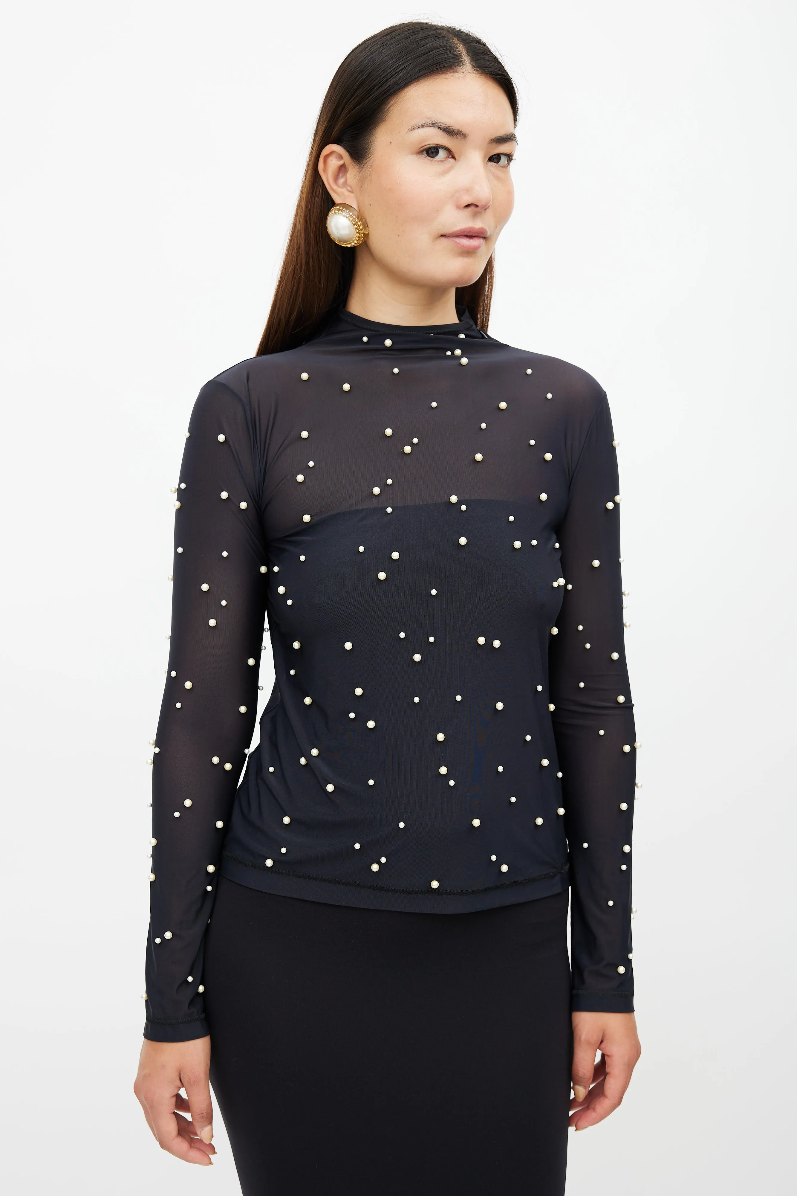 Black Mesh Pearl Embellished Top