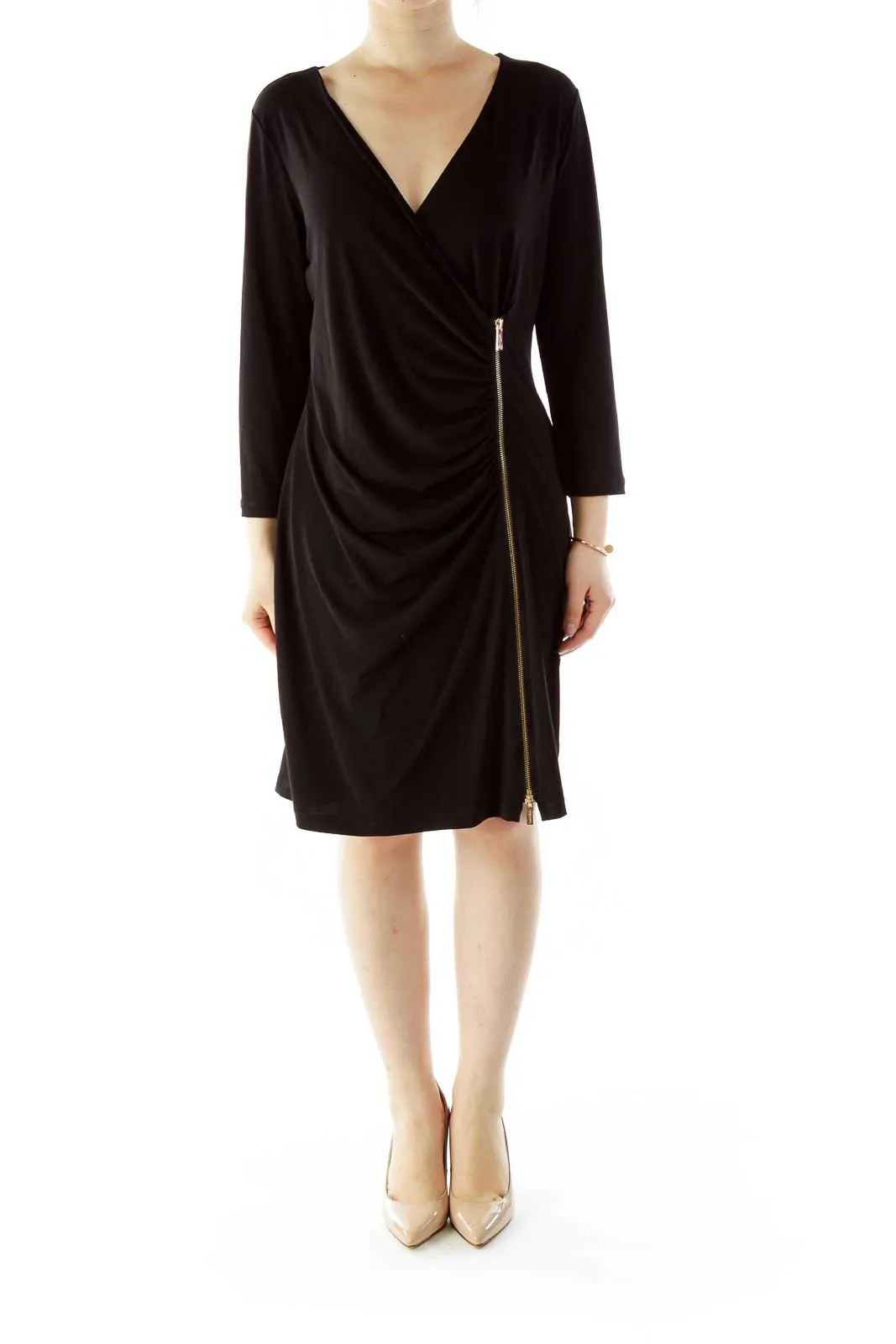 Black Wrap Dress with Side Zipper