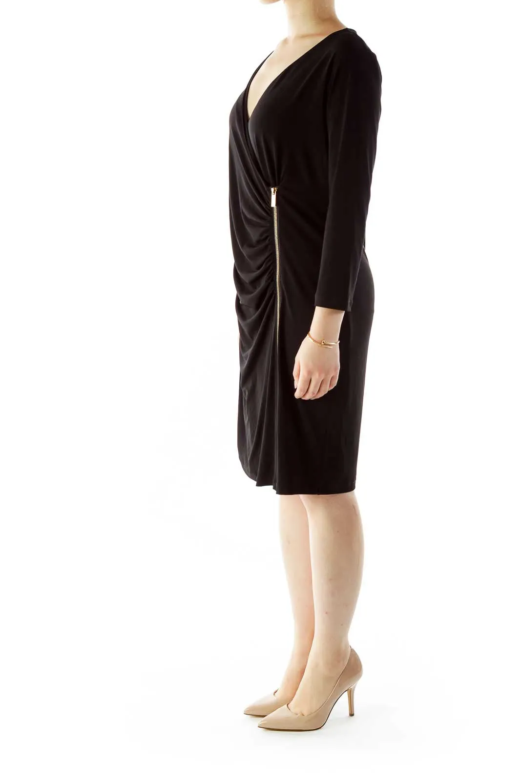 Black Wrap Dress with Side Zipper