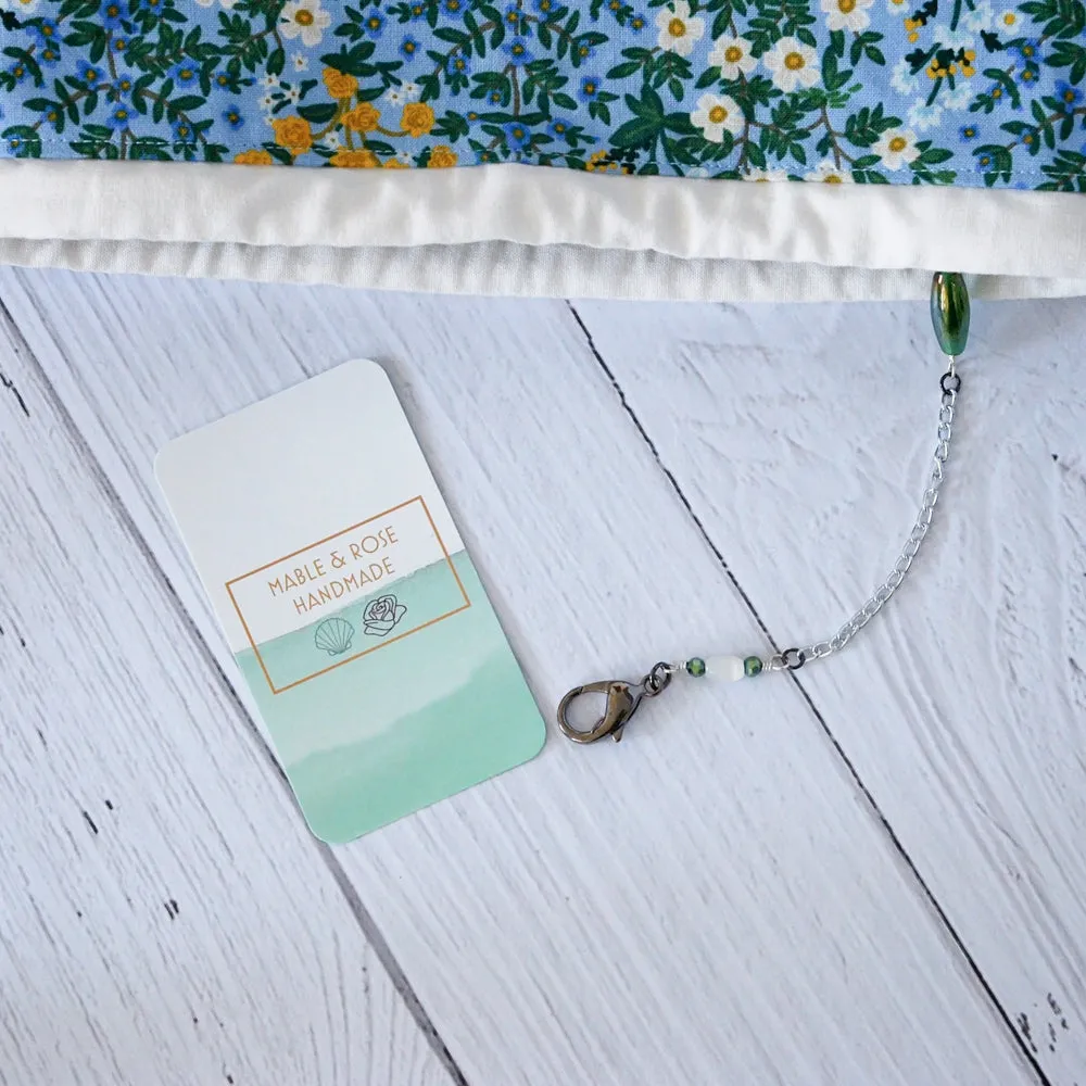 Blue Floral Drawstring Project Bag Featuring a Scissor Chain by Mable and Rose