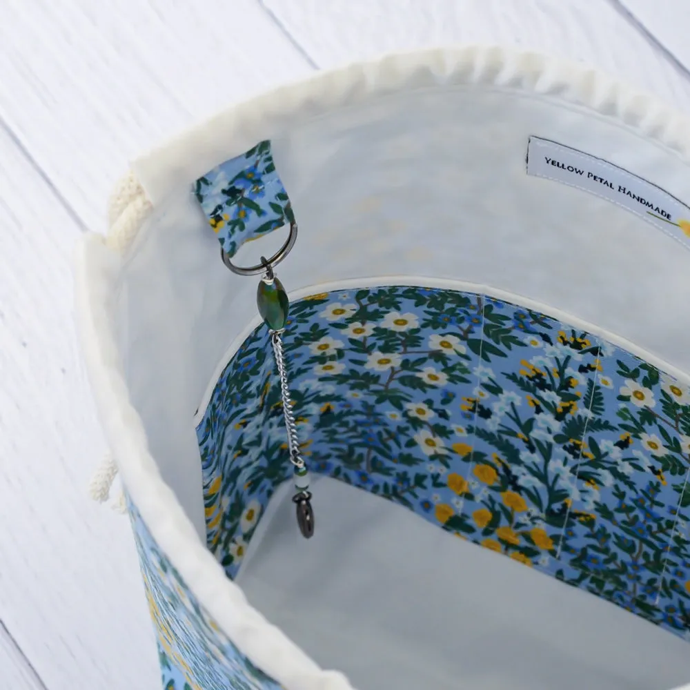 Blue Floral Drawstring Project Bag Featuring a Scissor Chain by Mable and Rose