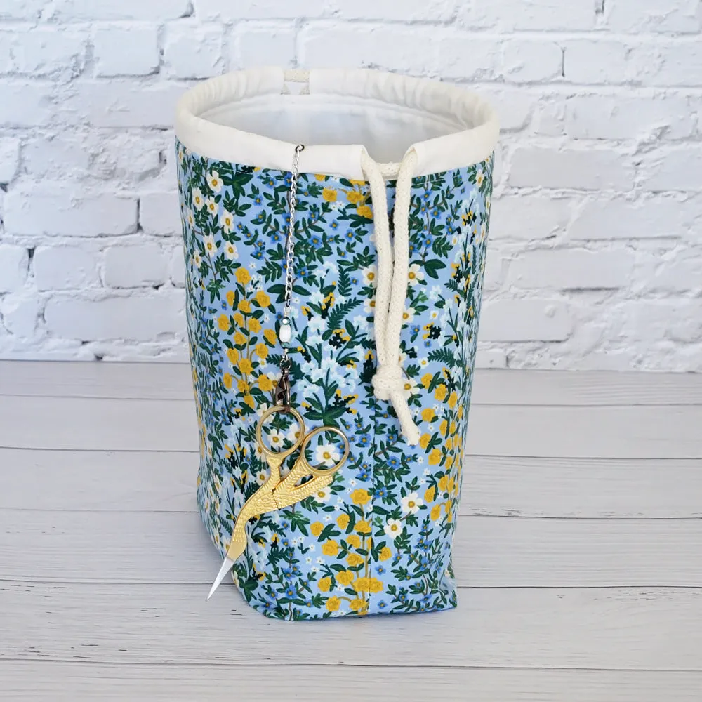 Blue Floral Drawstring Project Bag Featuring a Scissor Chain by Mable and Rose