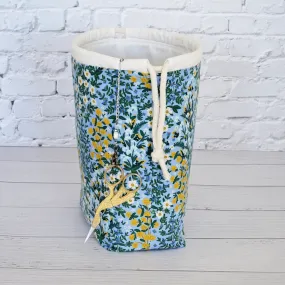 Blue Floral Drawstring Project Bag Featuring a Scissor Chain by Mable and Rose