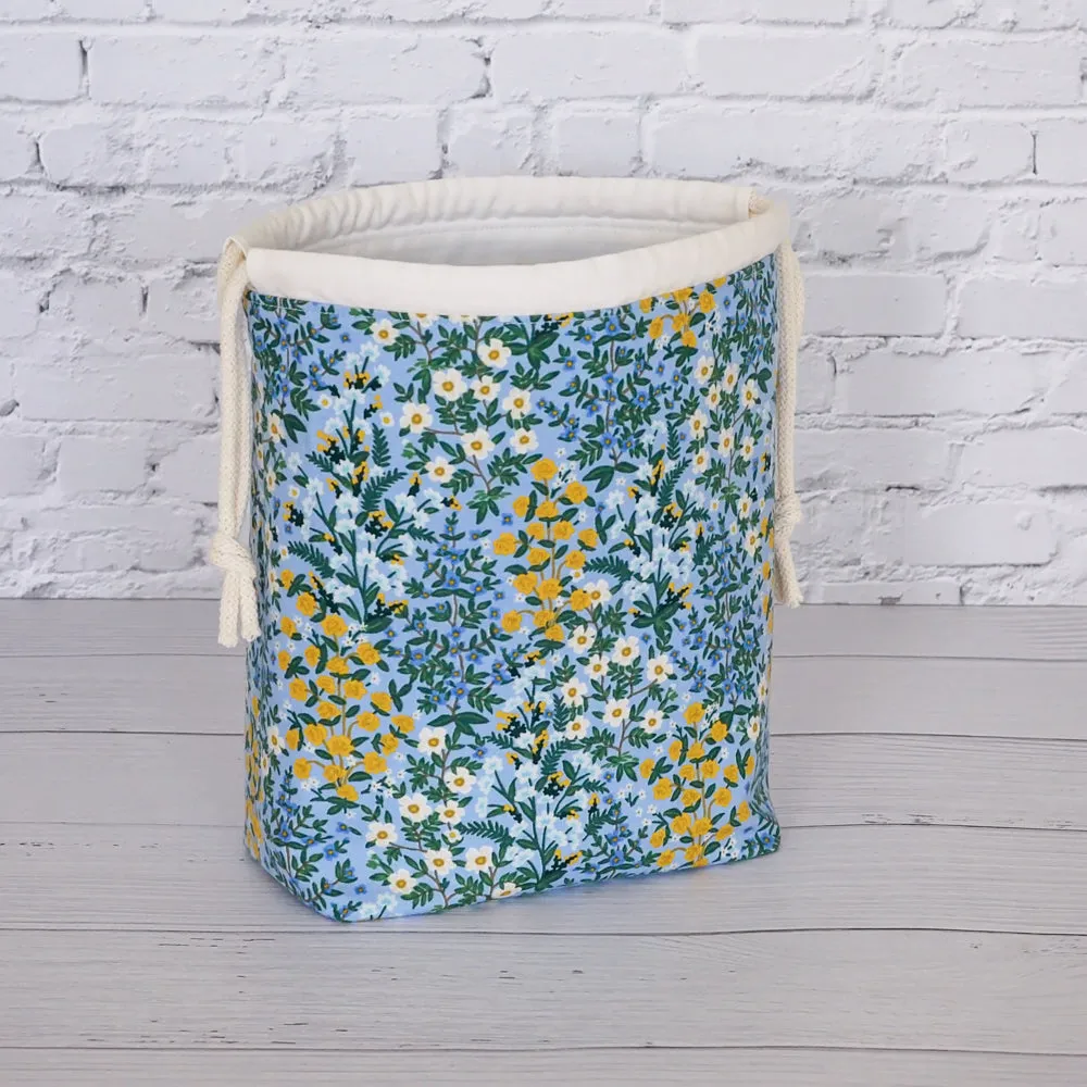 Blue Floral Drawstring Project Bag Featuring a Scissor Chain by Mable and Rose