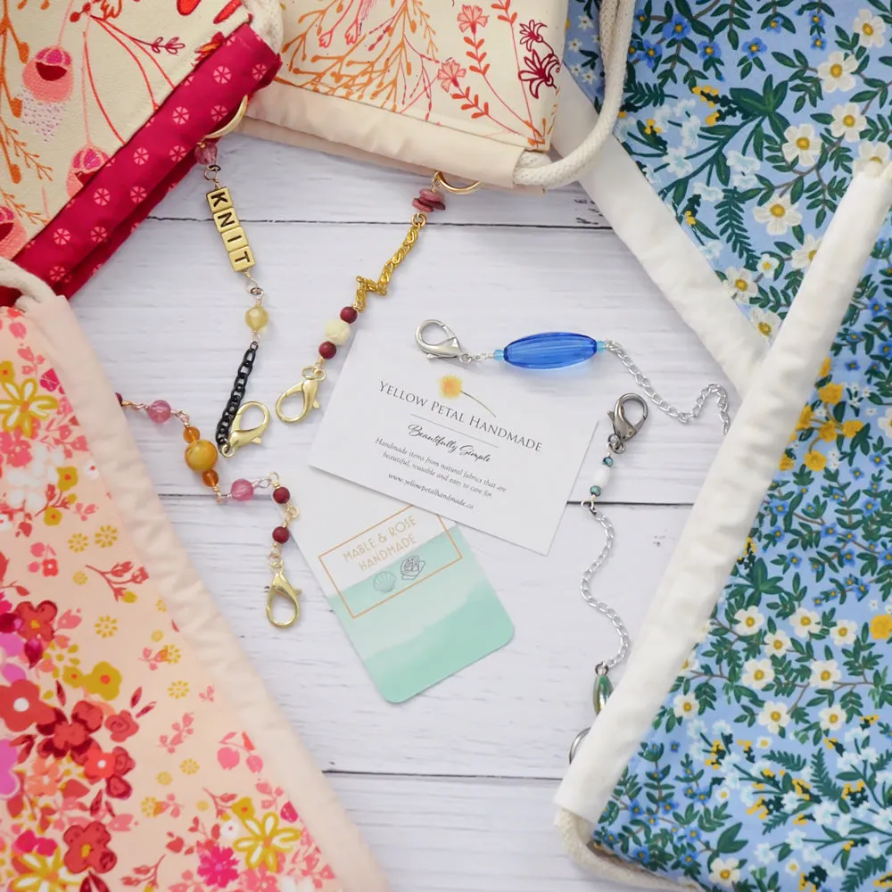 Blue Floral Drawstring Project Bag Featuring a Scissor Chain by Mable and Rose