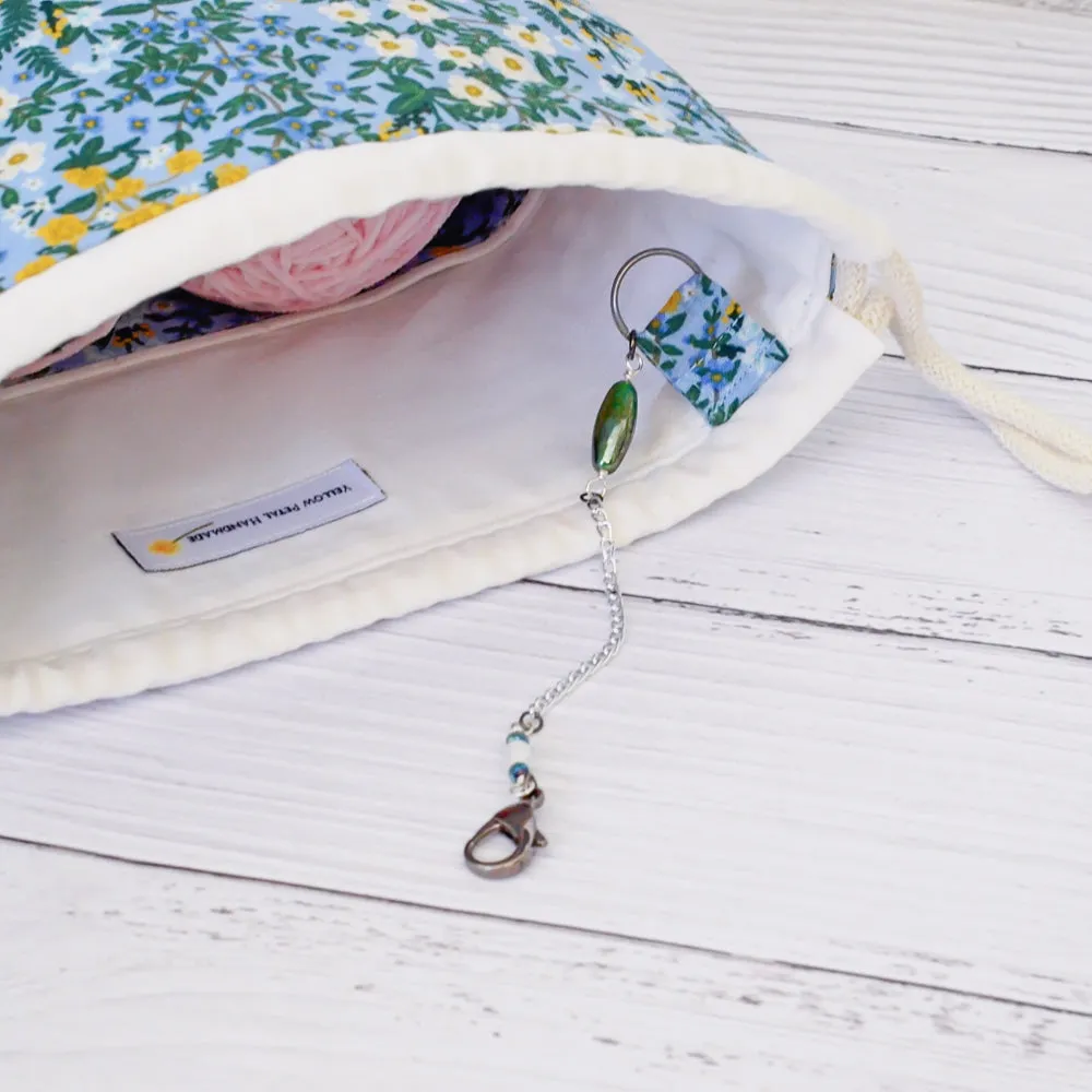 Blue Floral Drawstring Project Bag Featuring a Scissor Chain by Mable and Rose