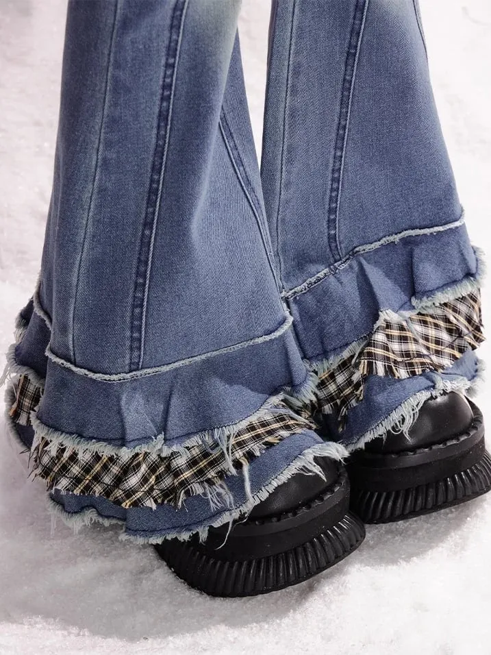 Blue Plaid Patchwork Cuffs Fishtail Jeans