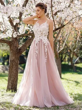 Bridelily A-Line Jewel Sleeveless Floor-Length With Applique Tulle Dresses