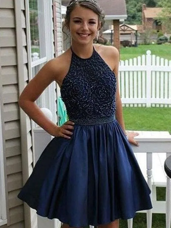 Bridelily A-Line With Beading Satin Halter Sleeveless Short/Mini Dresses