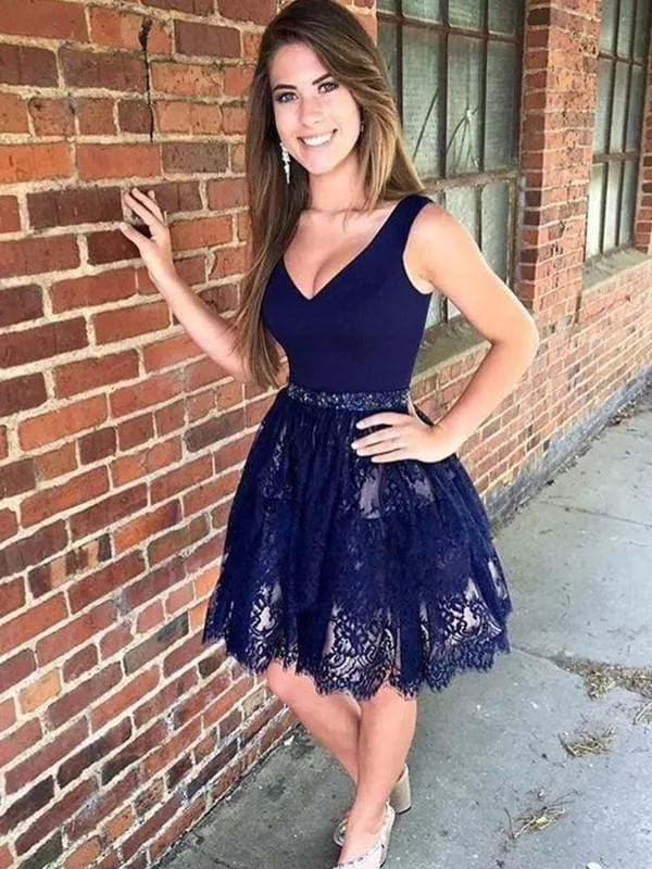 Bridelily A-Line With Beading V-neck Lace Sleeveless Short/Mini Dresses