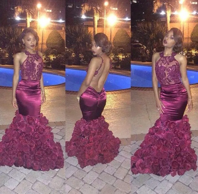 Bridelily Gorgeous Halter Taffeta Evening Dress Mermaid Flowers On Sale BK0