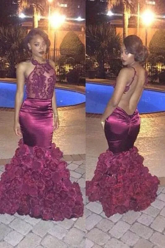 Bridelily Gorgeous Halter Taffeta Evening Dress Mermaid Flowers On Sale BK0